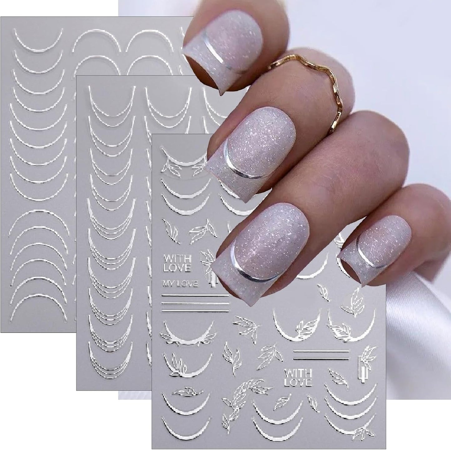 6 Sheets Lines French Tip Nail Art Stickers Gold Silver French Line Nail Decals 3D self-Adhesion Curve Lines Design French Nail Art Supplies for Women DIY Manicure Decoration