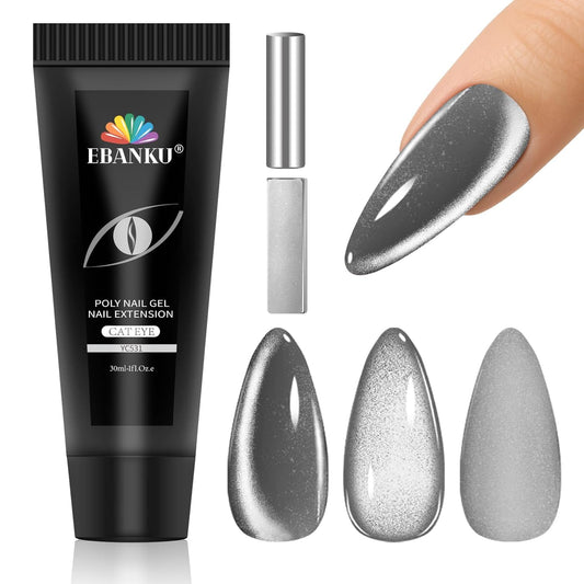 EBANKU Poly Gel 60g, Silver Cat Eye Builder Nail Extension Enhancement Gel for Beginner & Professional Nail Art Salon DIY at Home