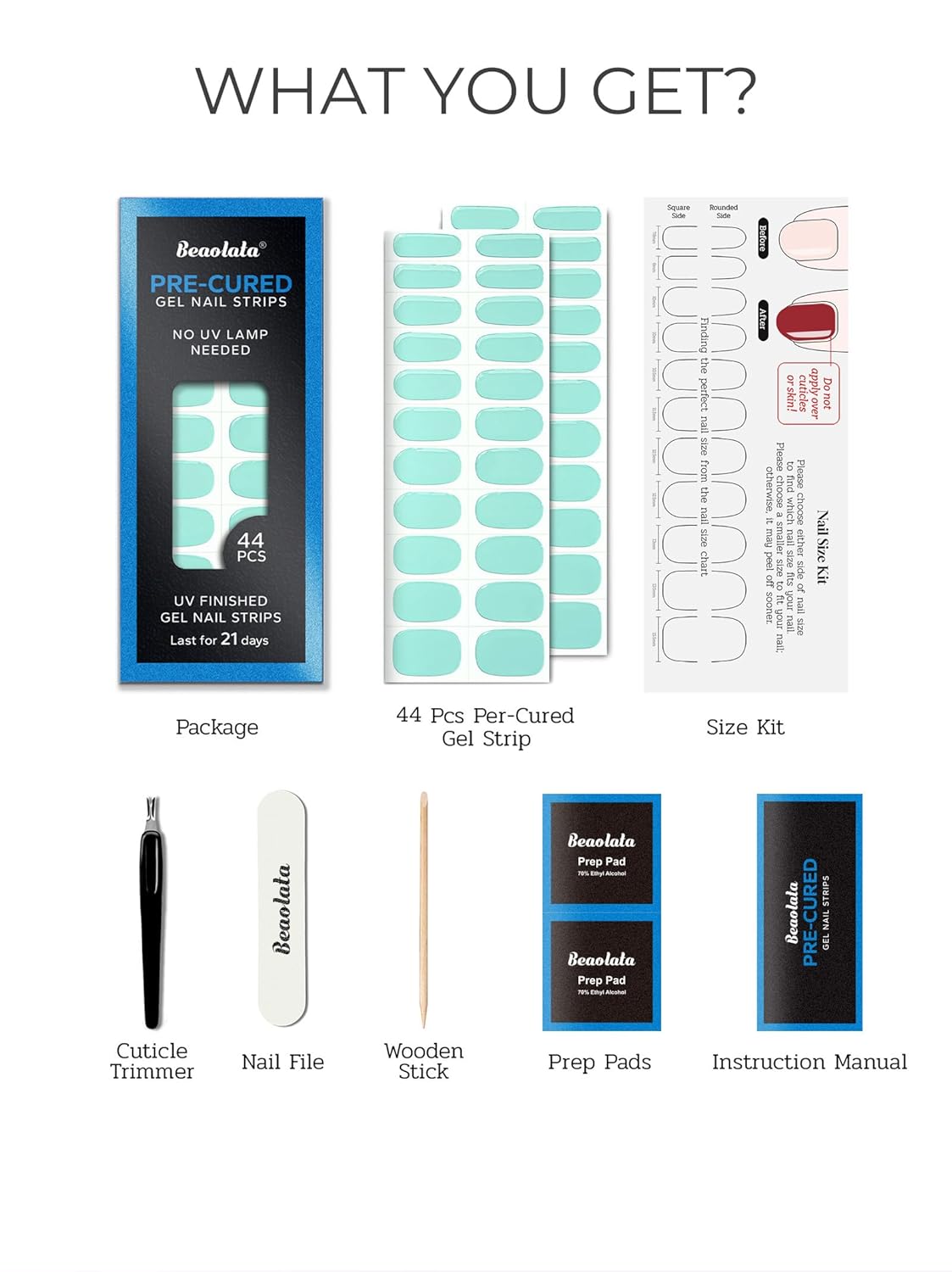 Pre Cured Gel Nail Strips - 44PCS Salon Quality Gel Nail Stickers - Long Lasting Polish Wraps for Women no UV Light Needed Easy Apply& Remove (Honeydew Green)