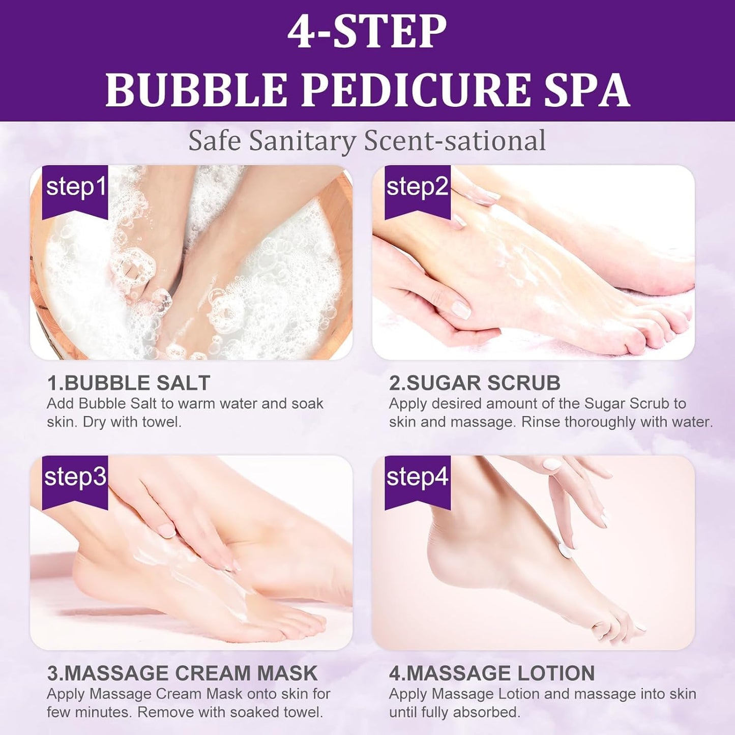 Pedicure Kit Foot Soak Set: Bubble Salt, Sugar Scrub, Massage Mask, Massage Lotion in a Box, 4 Step Foot Spa Kit for Dry Feet, Softens Calluses, Tired Feet（3 Set Lavender)