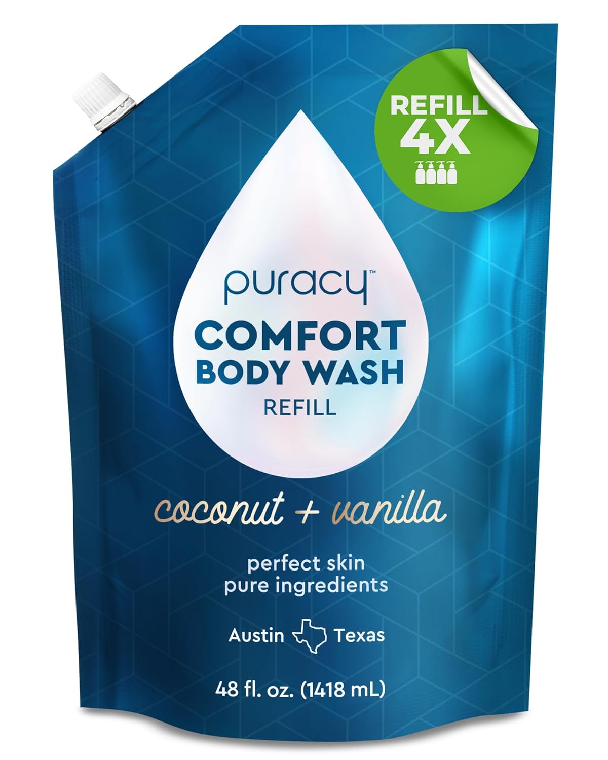 Puracy Body Wash Refill, Natural Body Wash, 98.6% Pure Plant Ingredients, Moisturizing Shower Gel for Women Men Kids, Body Soap for Dry Sensitive Skin. Gently Scented with Coconut & Vanilla, 48 Ounce