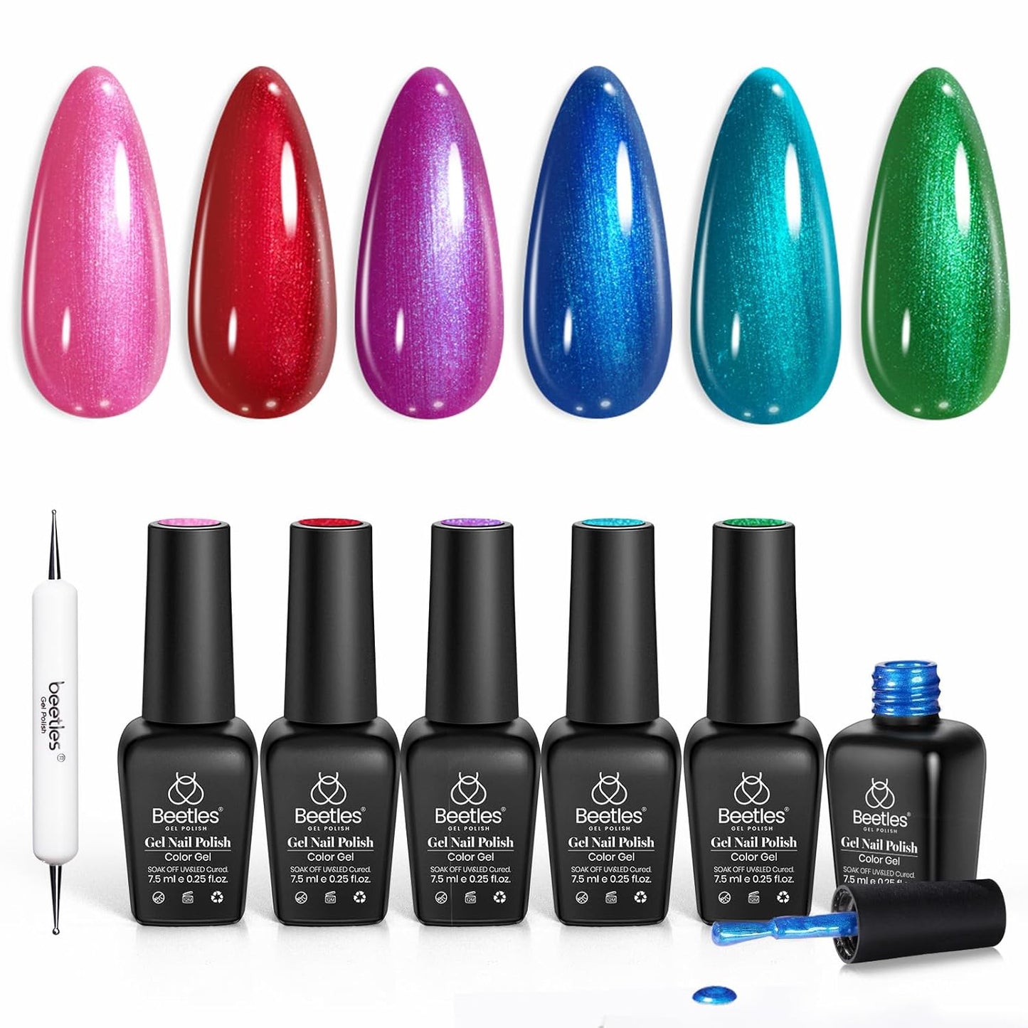 Beetles Pearl Gel Nail Polish Set, Dark Color Pink Red Purple Green Blue Nail Drawing Gel Polish 6 Colors Shimmer Mystic Flow Swirl Thread Effect Soak Off LED UV Curing for DIY Nail Art