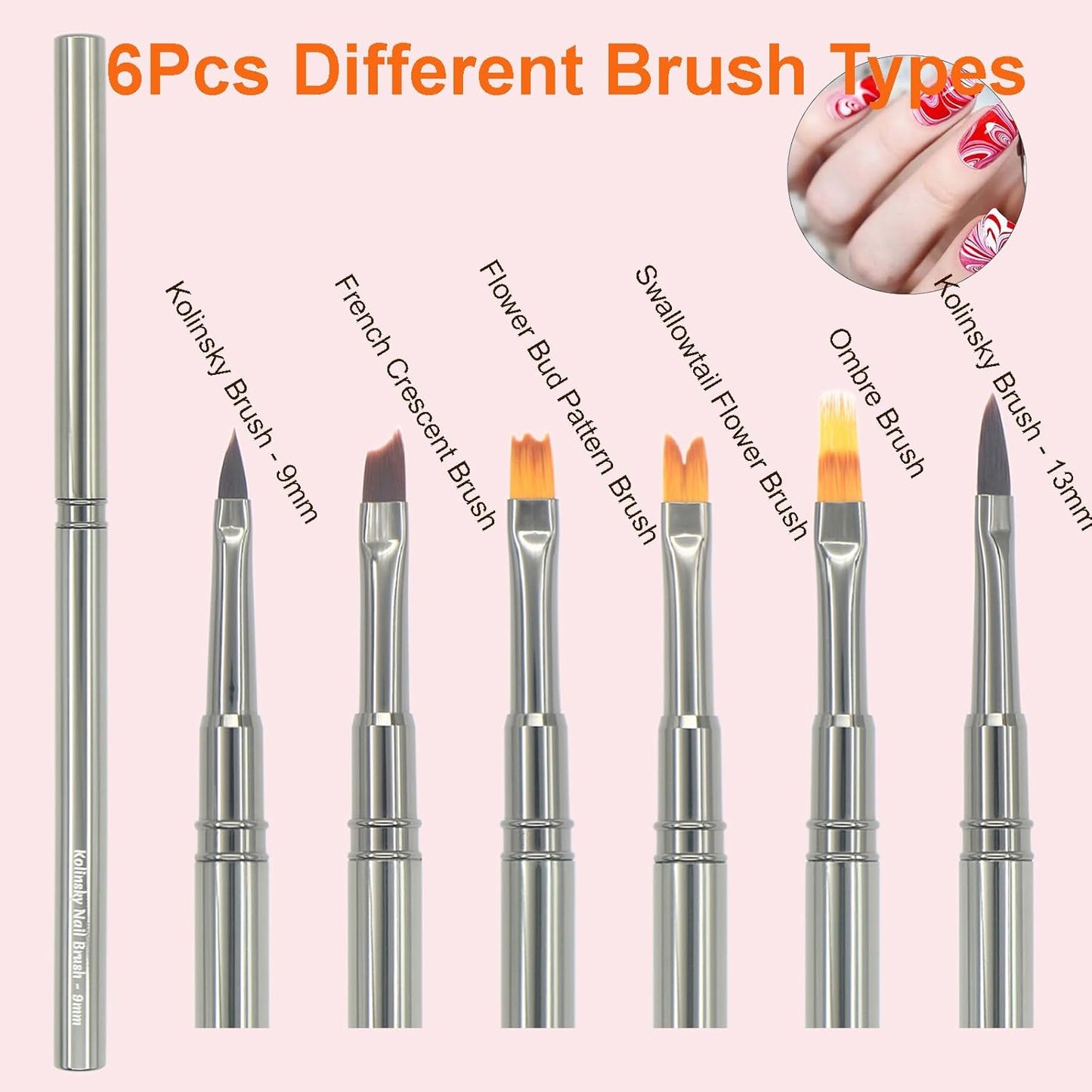 MYR 6Pcs Nail Art Brushes and 2Pcs Nano Nail Files, Metal Nail Art Tools, Acrylic Nail Brushes, Nail Design Tools, suitable for Personalized Nail Art Designs such as Flowers and Irregular Patterns