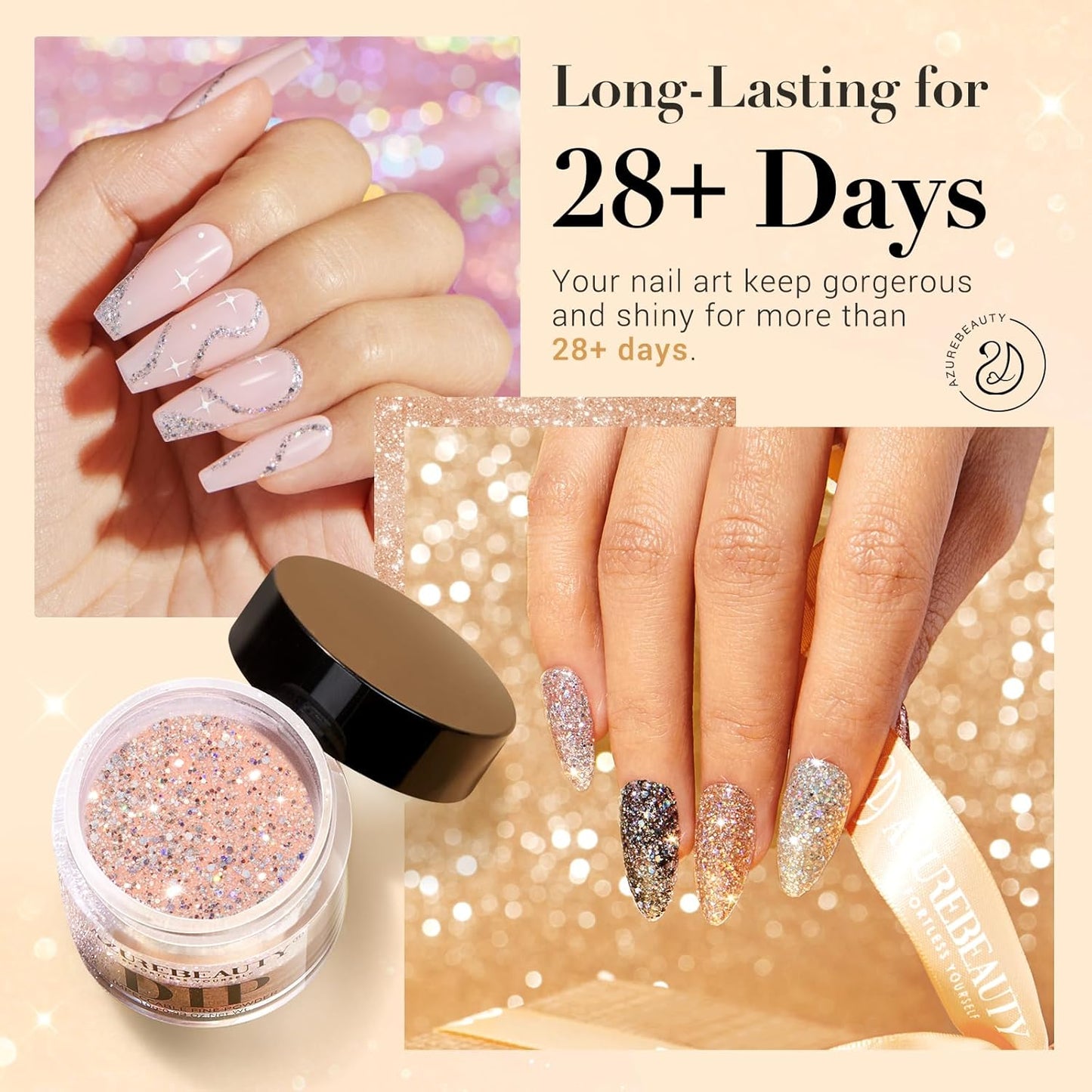 AZUREBEAUTY Dip Powder Nail Set, Silver Pink Black Golden Yellow Glitter Sparkly Shiny Chrome Platinum, 6 Colors All Seasons Dipping Powder Starter Kit Nail Art Manicure Salon, No Need Nail Lamp Cured