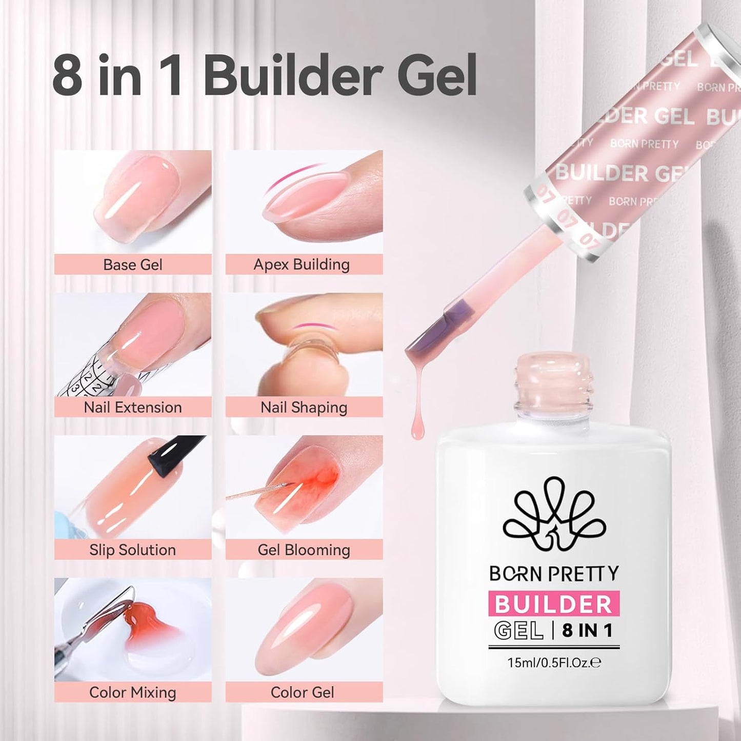 BORN PRETTY Builder Gel for Nails, 8-in-1 Milky Nude Natural Clear Builder Nail Gel for Nail Apex and Gel Extension Strengthener, Nail GLue Gel Hard Gel Base Rhinestone Nail Glue Gel in a Bottle 15ml