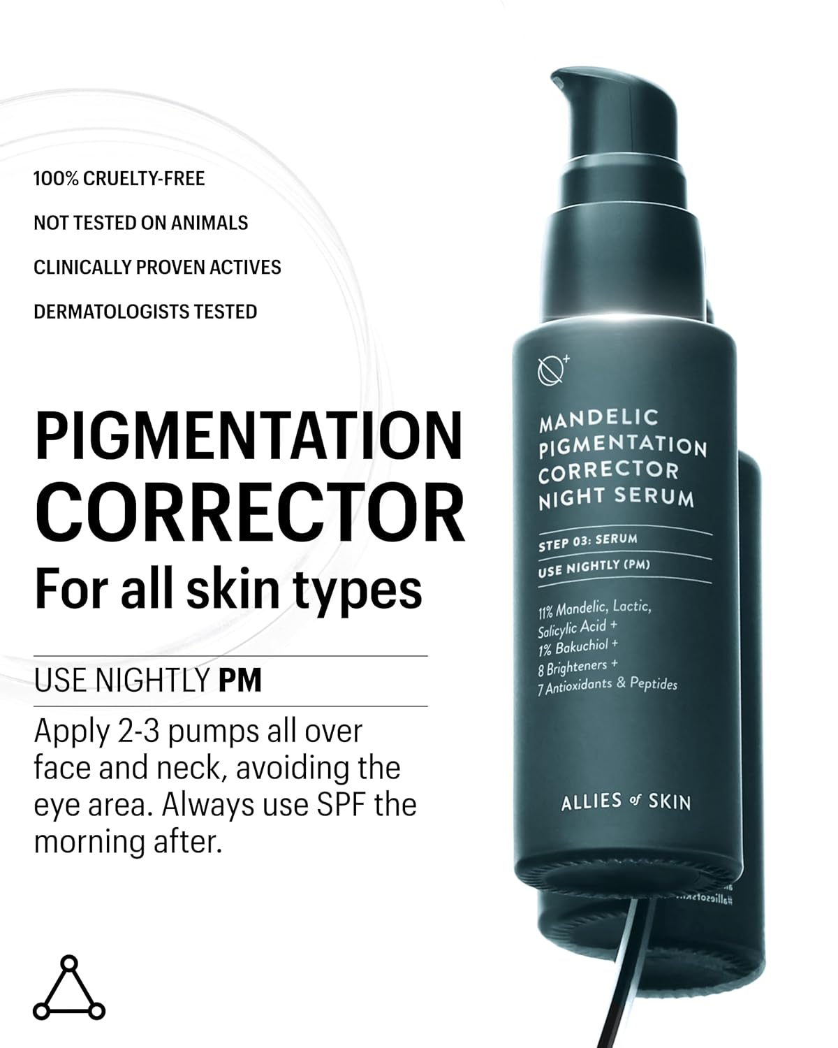 Allies of Skin Mandelic Pigmentation Corrector Night Serum | Gentle Acne Face Serum with Bakuchiol, Niacinamide & Salicylic Acid | Anti-Aging Formula to Reduce Pores and Even Skin Tone (1 oz)