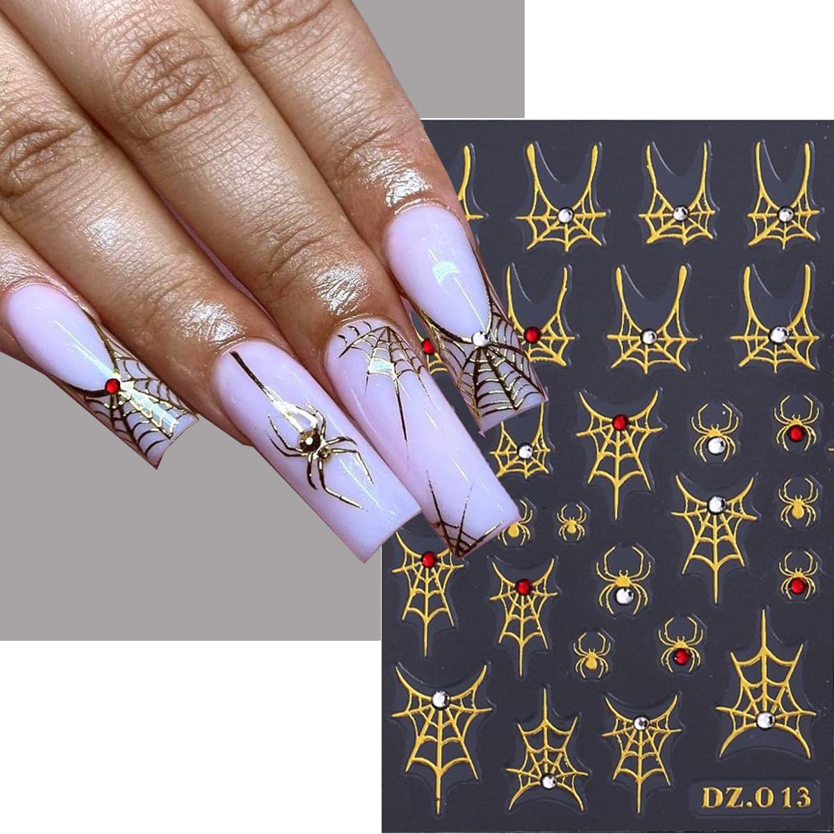 Spider Web Nail Stickers Halloween Nail Decals 3D Self Adhesive Nail Stickers for Nails Bow Heart Spider with Rhinestone Design White Gold Fall Nails Sticker for Women DIY Holiday Manicure 4 Sheet