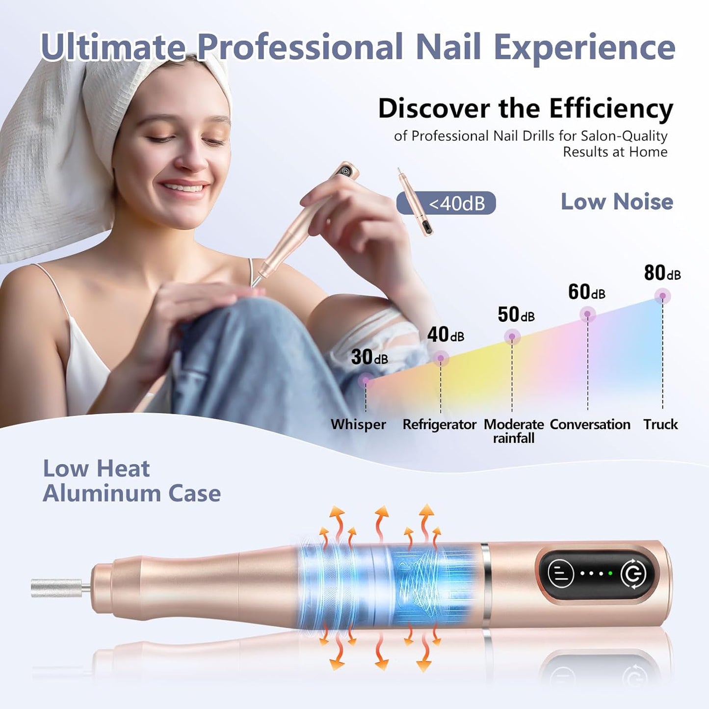 Cordless Nail Drill Electric Rechargeable File Kit, Professional Efile Acrylic Gel Nail Polish Remover Pedicure Manicure Machine Portable Set with 11 Bits 56 Sanding Bands for Salon Home (Gold)