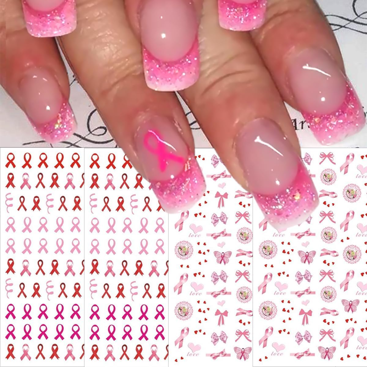 Breast Cancer Awareness Nail Decals - 4 Sheets Self-Adhesive Pink Ribbon Designs for Women DIY Supplies