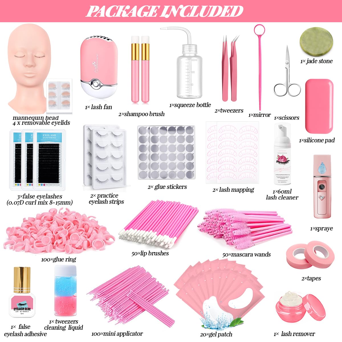 Lash Extension Kit Eyelash Practice for Beginners Professional Set with Mannequin Head Removable Eyelids USB Fan Spraye Individual False Lash Eyelash Strips Shampoo Brush Supplies