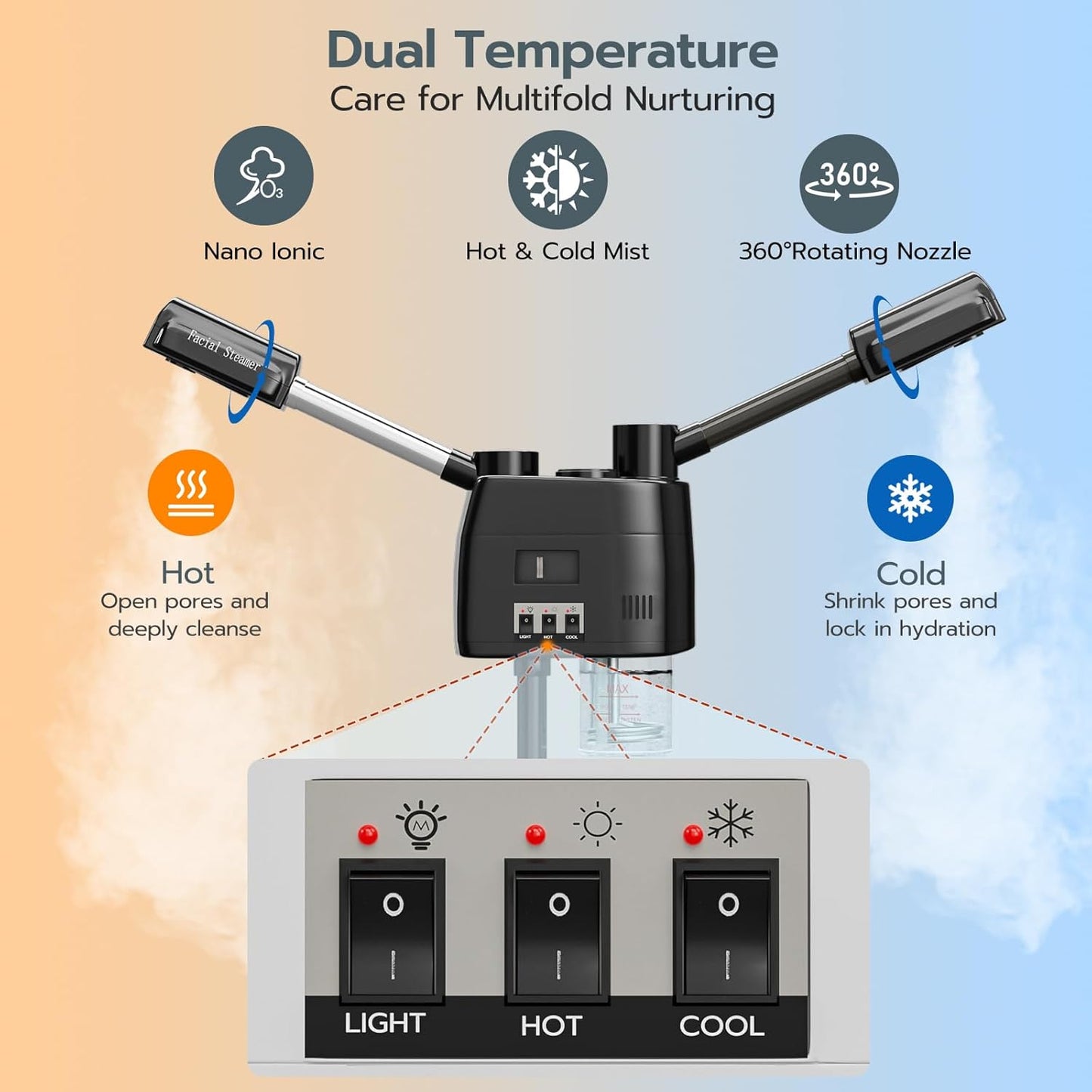 Paddie Professional 3 in 1 Facial Steamer on Wheels for Esthetician, Hot & Cold Mist, 5X LED Magnifying Lamp, Black