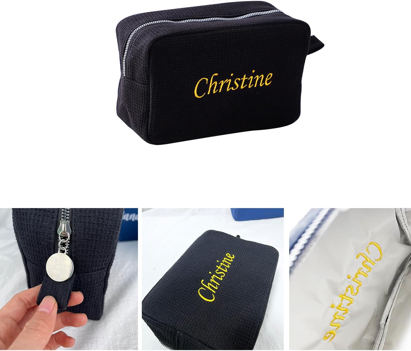 GOPHIE Personalized Embroidered Makeup Bag,Custom Waffle Fabric Cosmetic Pouch for Women, Travel Makeup Pouch (1, Black)