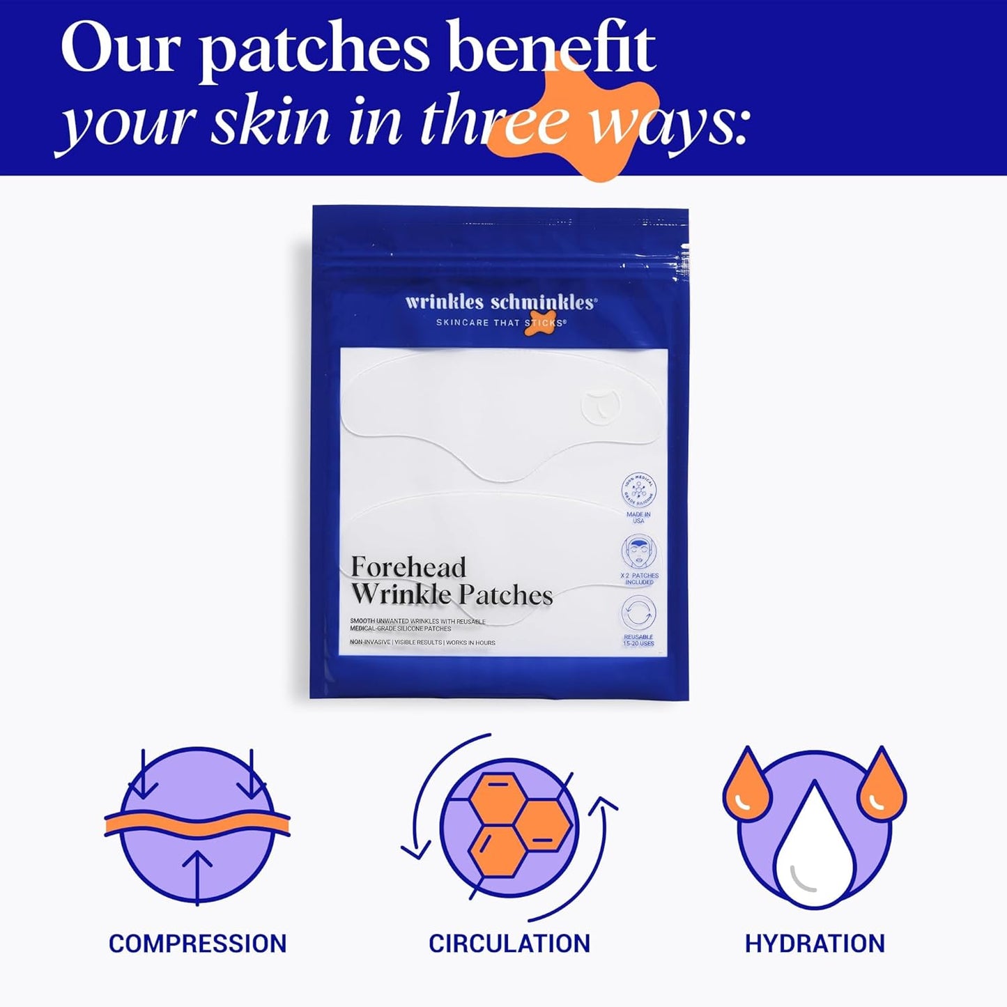 Wrinkles Schminkles Forehead Wrinkle Patches, 4-Pack, Reusable Hypoallergenic Silicone Smoothing Pads for Reducing Frown Lines & Face Lift Overnight