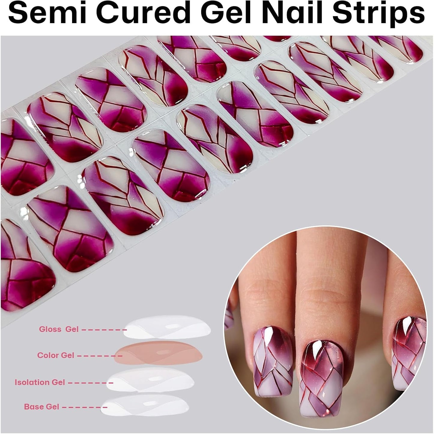 Semi Cured Gel Nail Strips with Red Broken Glass Pattern Designs Gel Nail Strips Glossy Stickers Salon Quality & Easy to Use for Women 20 Pcs