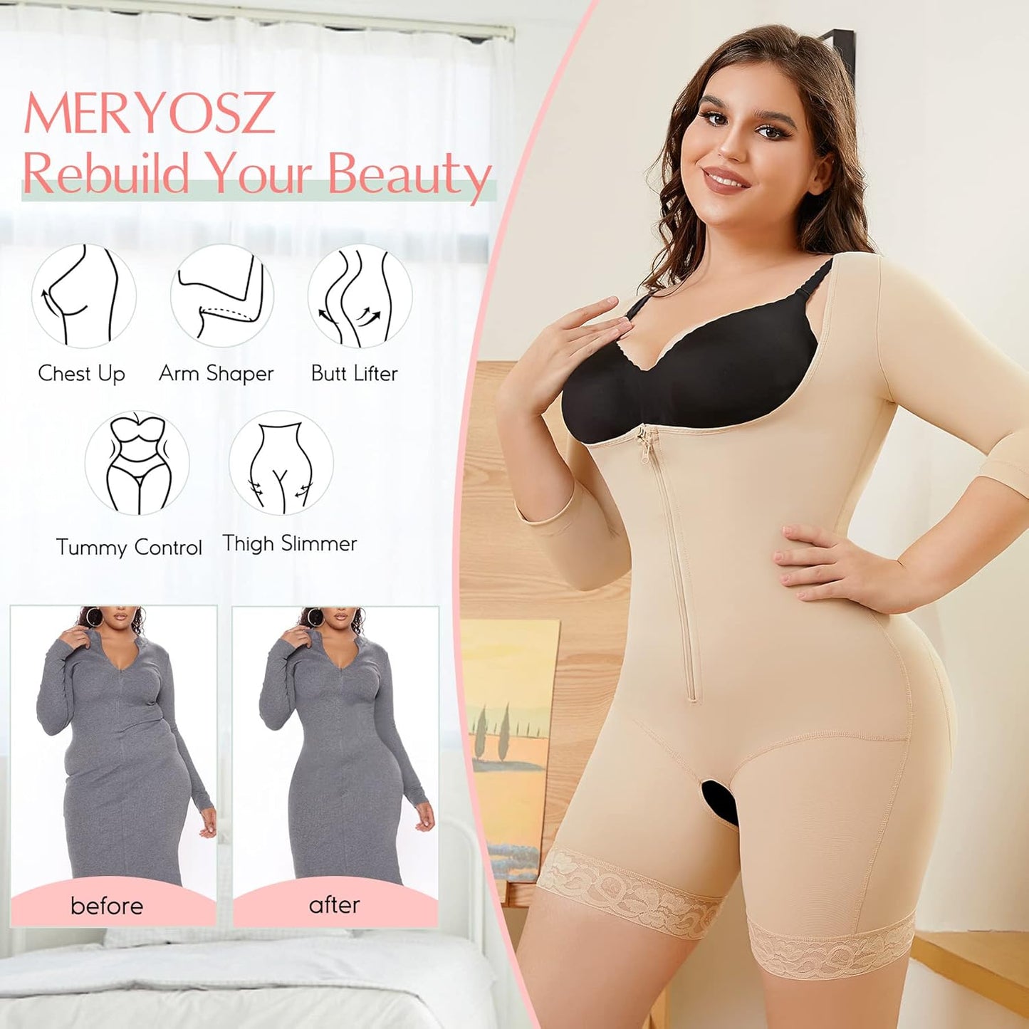 MERYOSZ Full Body Waist Trainer for Women Zipper Tummy Control Bodysuit Upper Arm Shaper Open Bust Slimmer Corset Shapewear