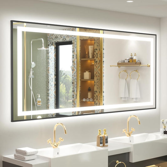 OKPAL 66x36 LED Bathroom Mirror with Lights, Frontlit & Backlit Lighted Bathroom Mirror, Black Lighted Bathroom Vanity Mirror, Anti-Fog, Dimmable 3 Colors, Shatterproof, Horizontal/Vertical