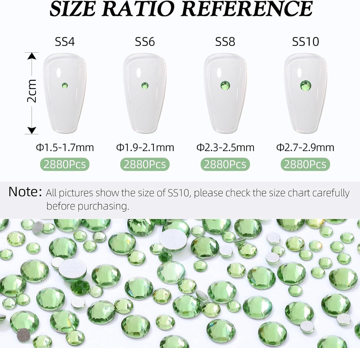 Light Green Flatback Rhinestones, Glass Rhinestones for Nail Art and Craft, Glue Fix, Loose Crystal Gemstones(Lt.Green, SS4, 2880pcs, 1.5-1.7mm)