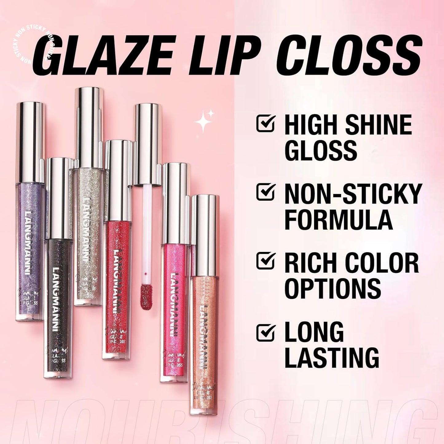 LANGMANNI 2 Colors Diamond Glitter Lip Gloss Set,Long Lasting High Shine Shimmer Liquid Lipstick Set,Hydrating,Moisturizing Lip Gloss Kit Gift Makeup For Girls(#01+02)