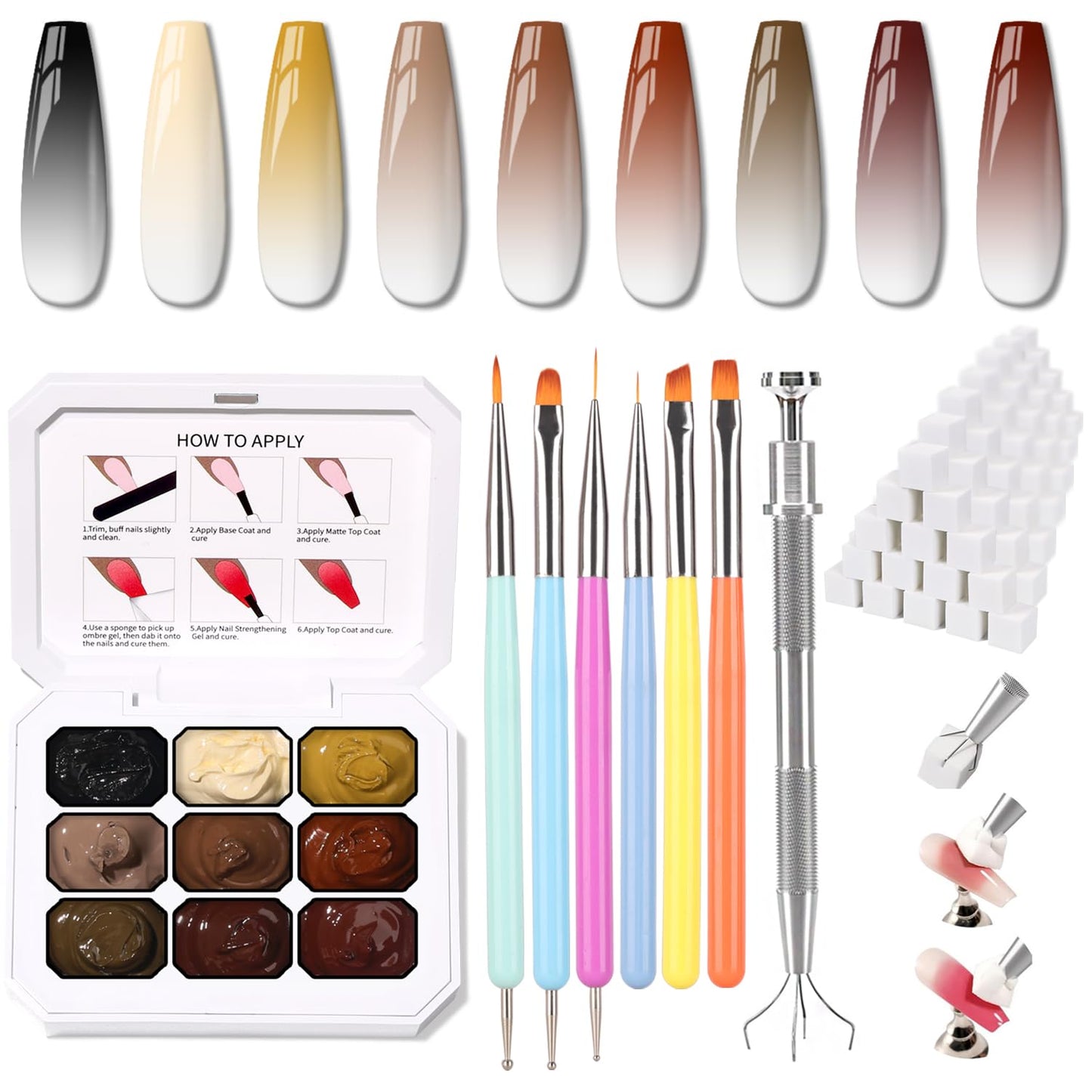 Sponge Pat Paint Nail Gel & Tools Kit, 9 Colors Ombre Nails Gradient Gel Nail Blush Blooming Aura Nails Drawing Stripper Floral Painting Nail Art, No Wipe, UV/LED Curing (9 Colors Set B)