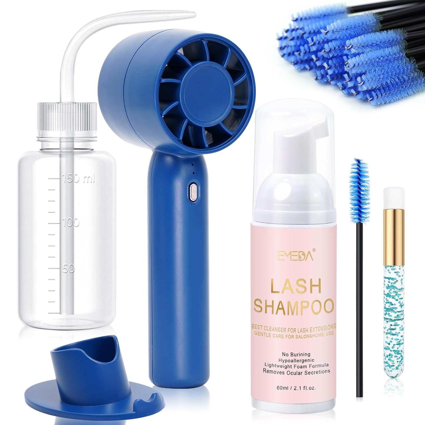 EMEDA Lash Shampoo Kit 2.02 fl oz Lash Cleaning Kit with Rechargeable Fan Dryer/Brush/Rinse Bottle, Oil-free Cleanser Wash for Extensions & Clusters & Natural Lashes, Cleaner for Eyelash Care(Blue)