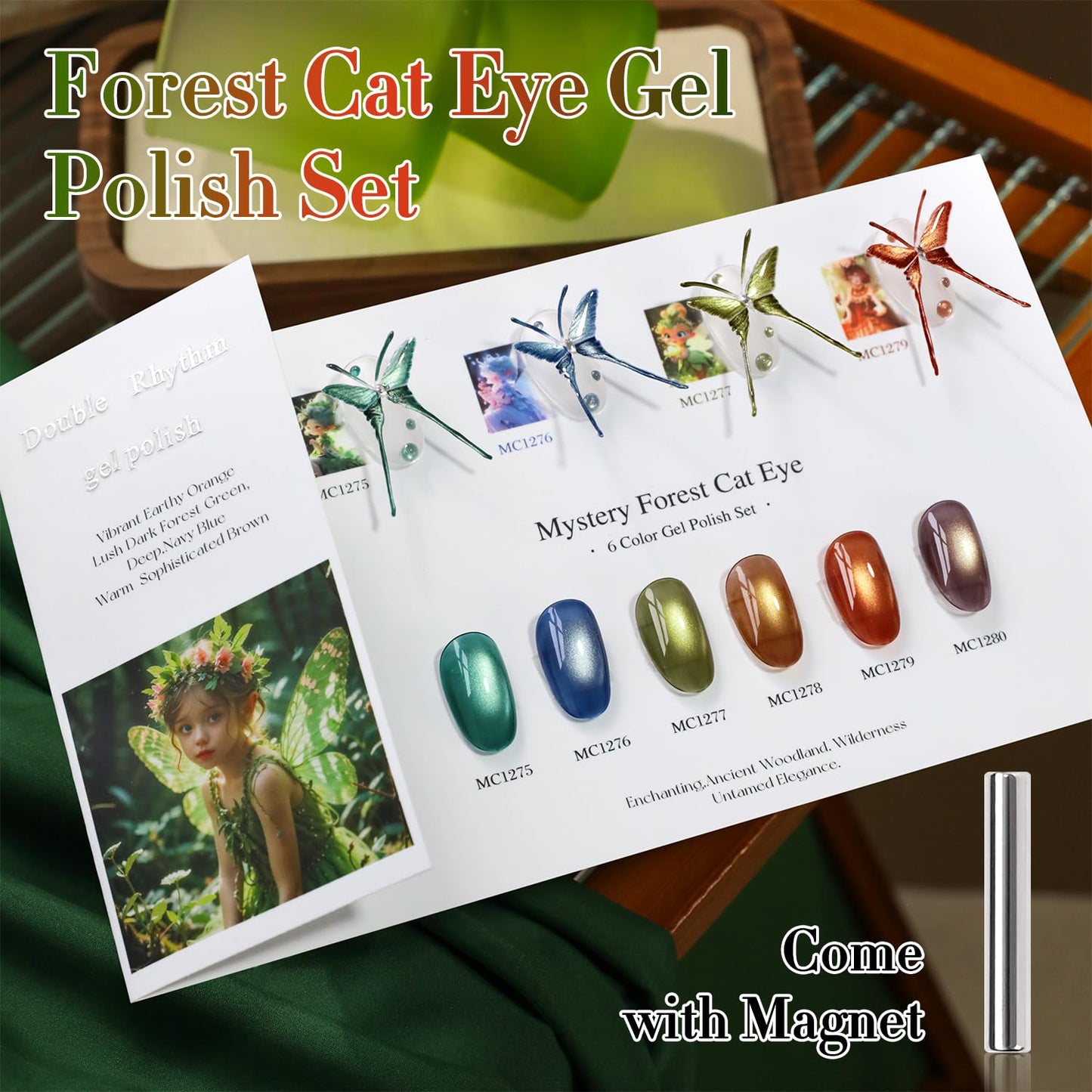 Double Rhythm Cat Eye Gel Nail Polish Set of 6 Same Color Same Bottle 0.5 Oz Shimmer Glitter with Magnet Holographic Reflective Magnetic UV Nail Polish Kit at Home (Green Navy Blue Black-T6-61)