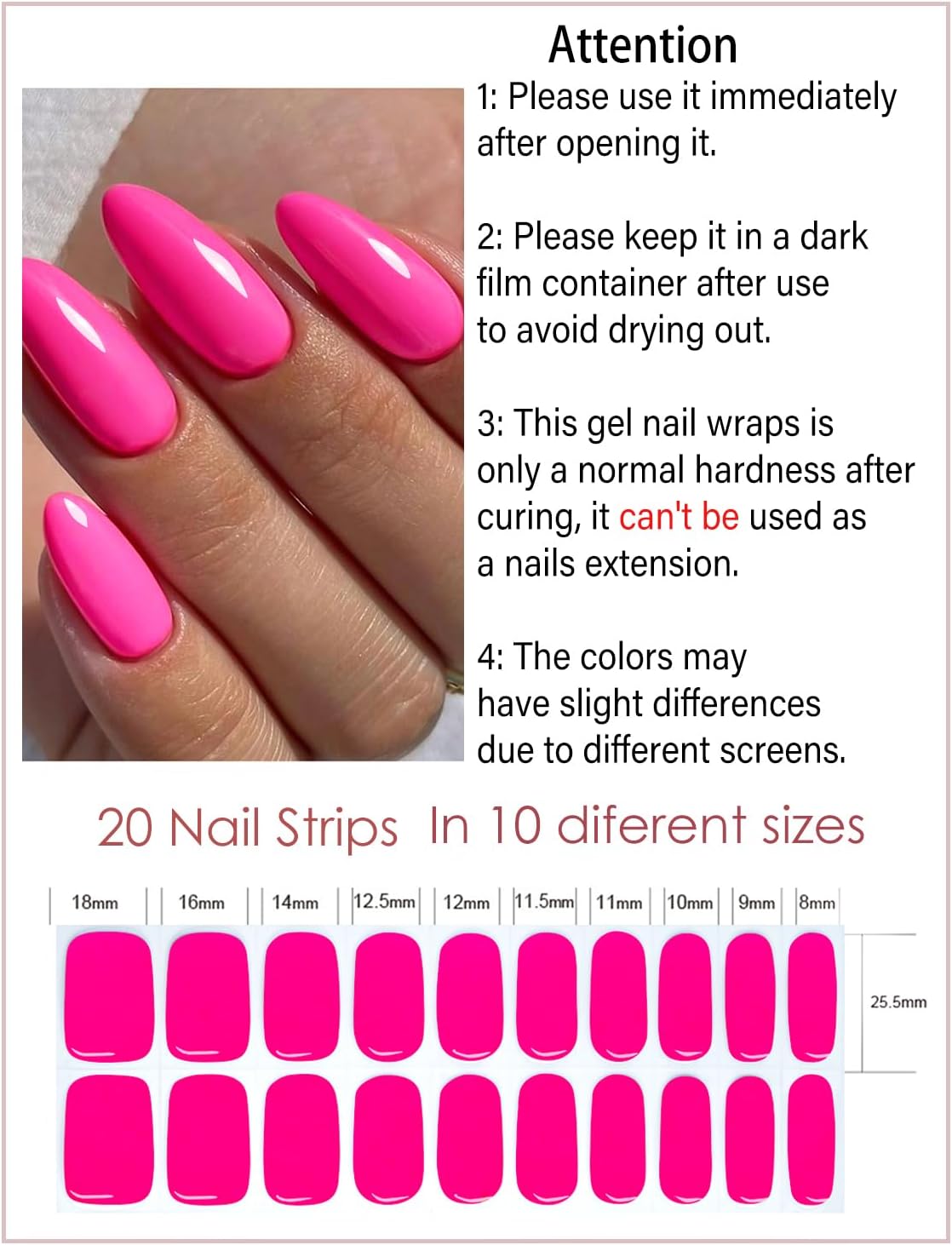 Semi Cured Gel Nail Strips, Hot Pink 20pcs Adhesive UV Sticker, Wraps for Home Manicure DIY