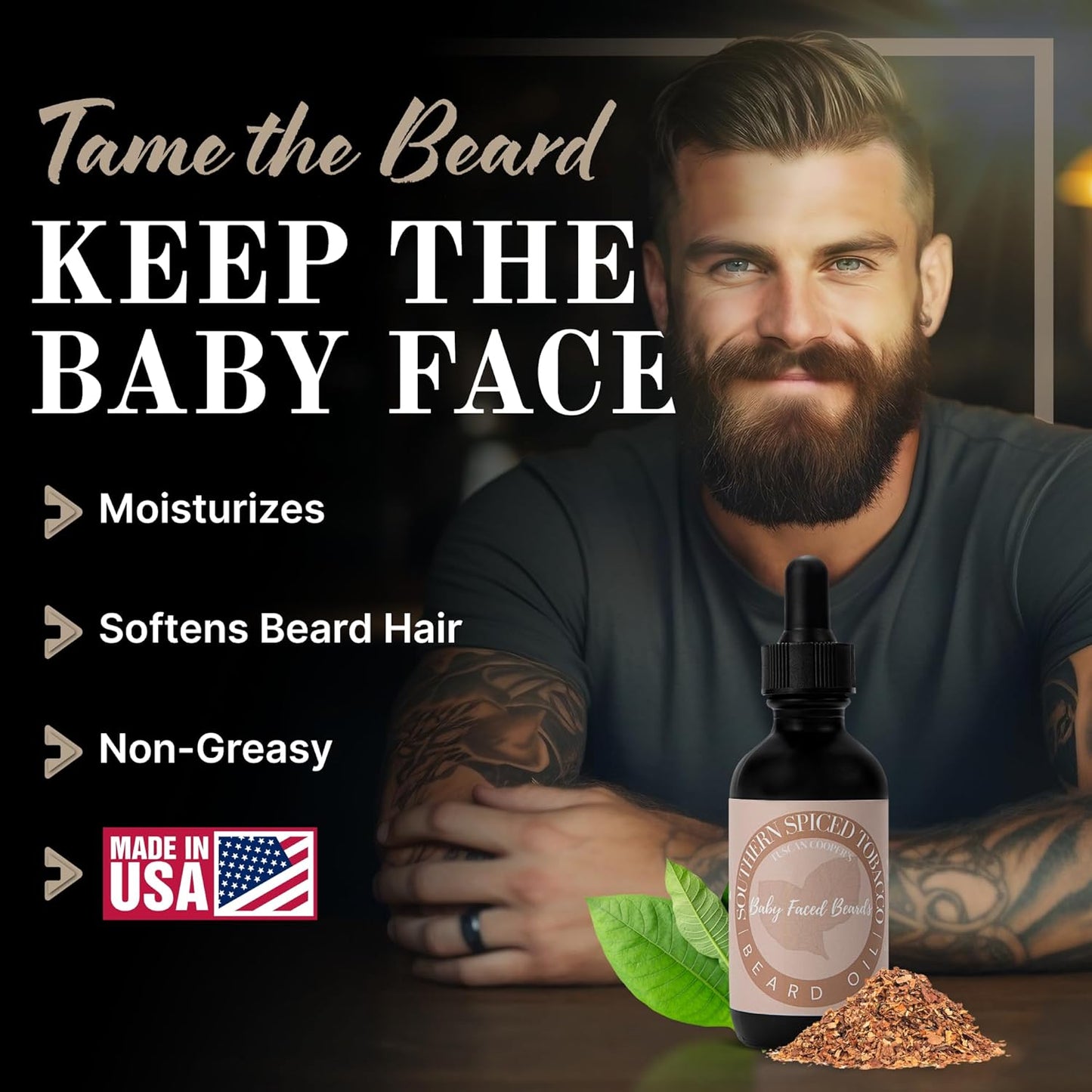 Tuscan Cooper's Baby Faced Beards Oil for Men - Hydrating, Nourishing, Natural Beard Softener and Conditioner for All Hair Types. Coconut, Jojoba, and Sweet Almond Moisture - Rawhide and Pear Scent