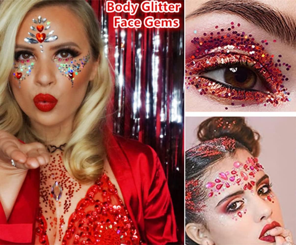 Go Ho Red Face Body Glitter,Singer Concerts Red Face Paint Glitter Makeup,Holographic Chunky Sequins Glitters for Eye Lip Hair Nails,Festival Rave Accessories,52g