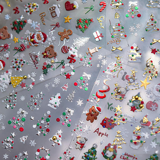 Christmas Nail Art Stickers 5D Embossed Xmas Cute Bear Nail Stickers Christmas Sock Xmas Gift Xmas Tree Bowknot Gingerbread Man Nail Decals for Women Winter Holiday Manicure DIY Nail Supplies 1 Sheet