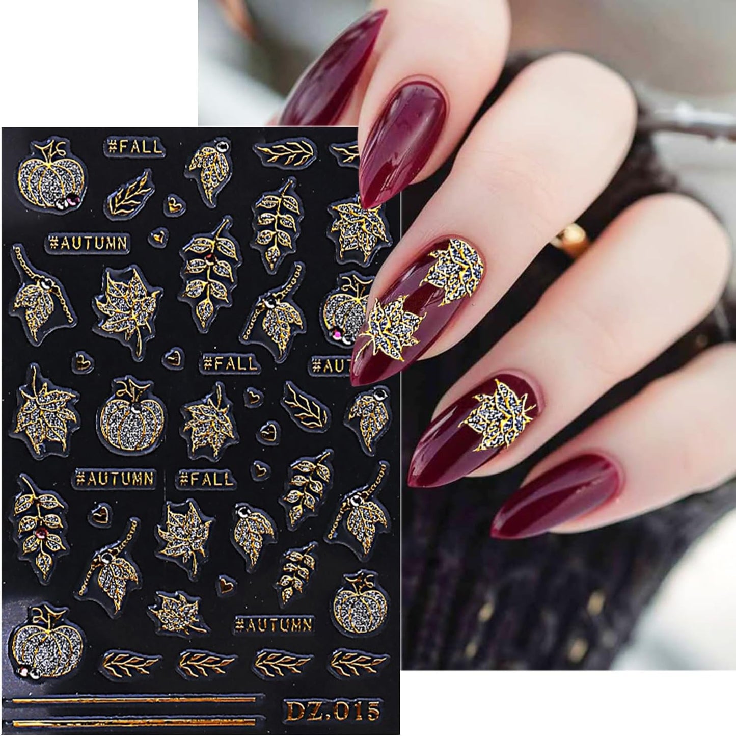 2 Sheets Fall Nail Stickers for Nail Art Glitter Gold Leaf Nail Art Stickers Embossed Autumn Pumpkin Nail Decals 5D Self-Adhesive Diamond Nail Design Sticker for Women Thanksgiving Nails Decoration