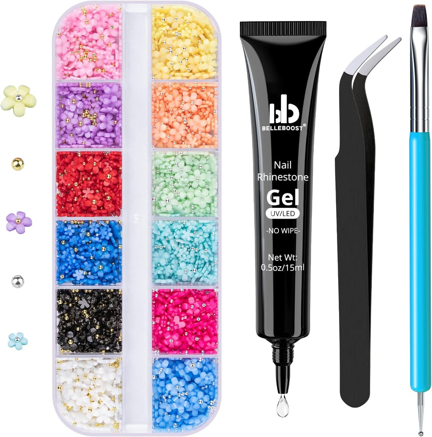 Nail Art Rhinestone Glue Gel&Flatback Gems Accessories Kit, 1 Tube of 15ml Rhinestone Gel Glue(UV/LED Needed)+1 Box of Colorful 3D Flowers with Dual end Brush Tool and Tweezer