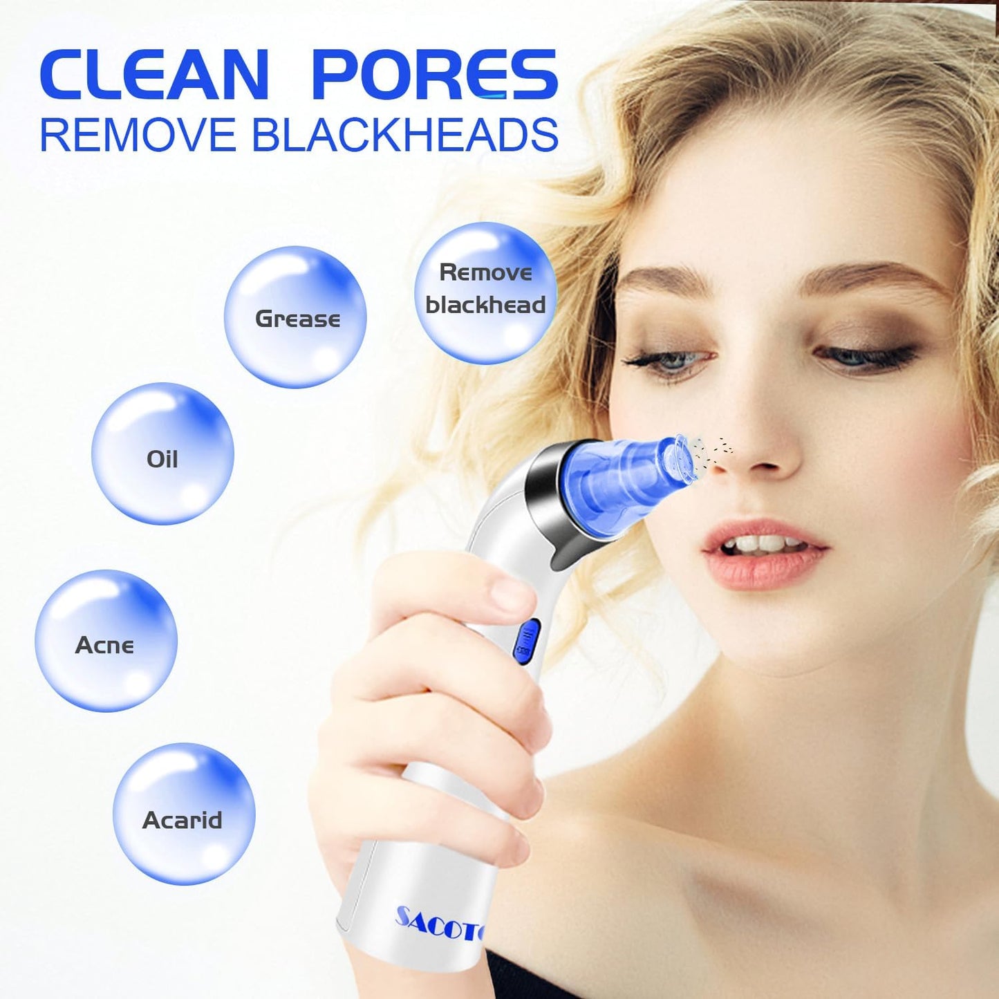 Blackhead Remover Pore Vacuum, Face Suction Pore Cleaner, 5 Suction Power Electric Blackhead Extractor Tool, 4 Probes, Blackhead Suction Remover for Women & Men（Blue）