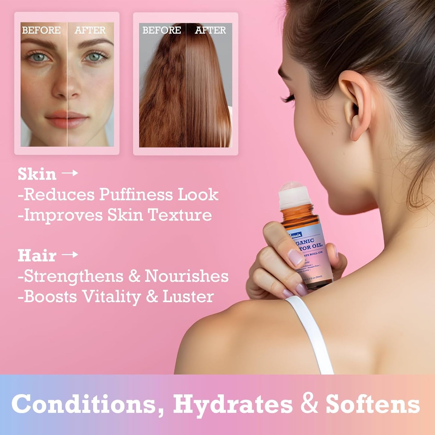 Organic Castor Oil Roll-On with Rose Quartz - 2 Pack x 50mL | Brown Glass Bottle, Cold Pressed, Hexane Free, Unrefined | Nourishing Oil for Face, Hair and Body