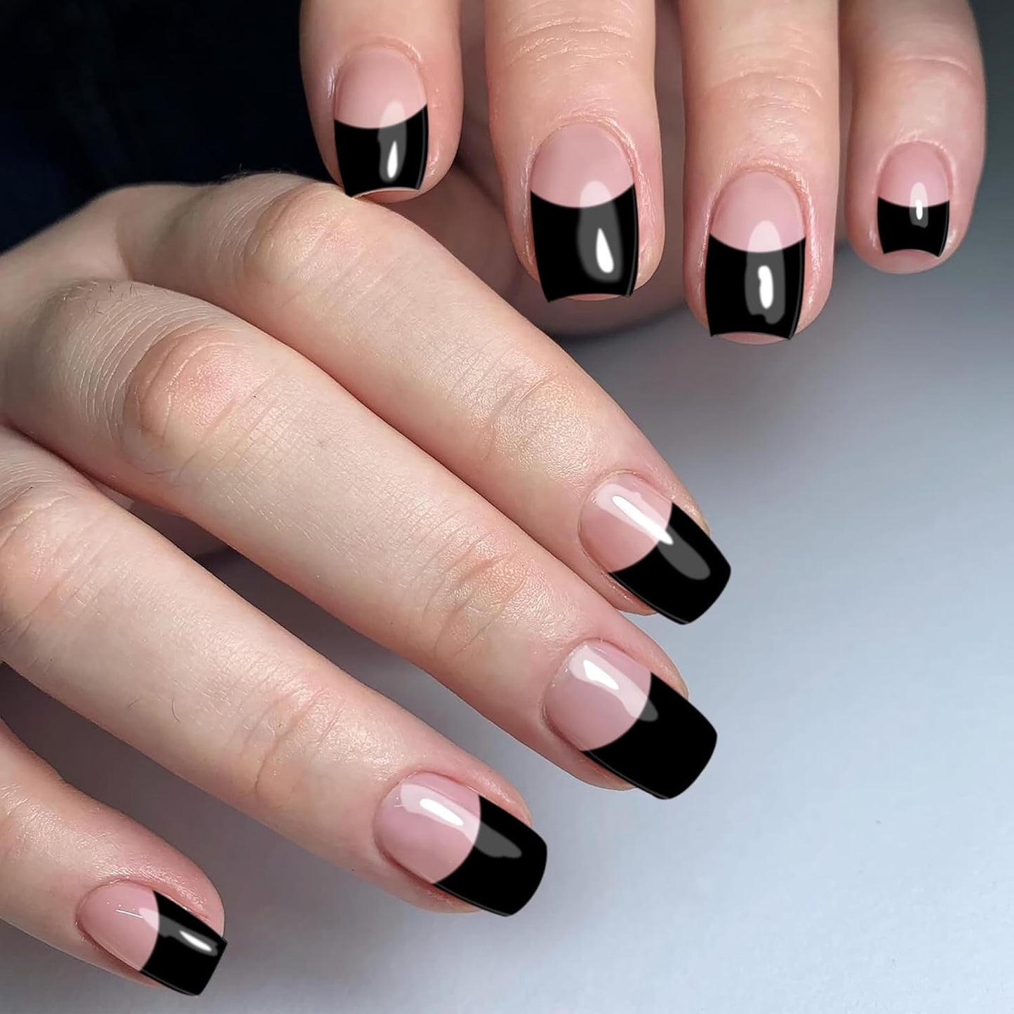 Semi Cured Gel Nail Strips-Quick DIY nail art stickers Black French Tip for vacations business trips easy apply at home DIY manicure kit 60s UV/LED lamp needed(Black French)