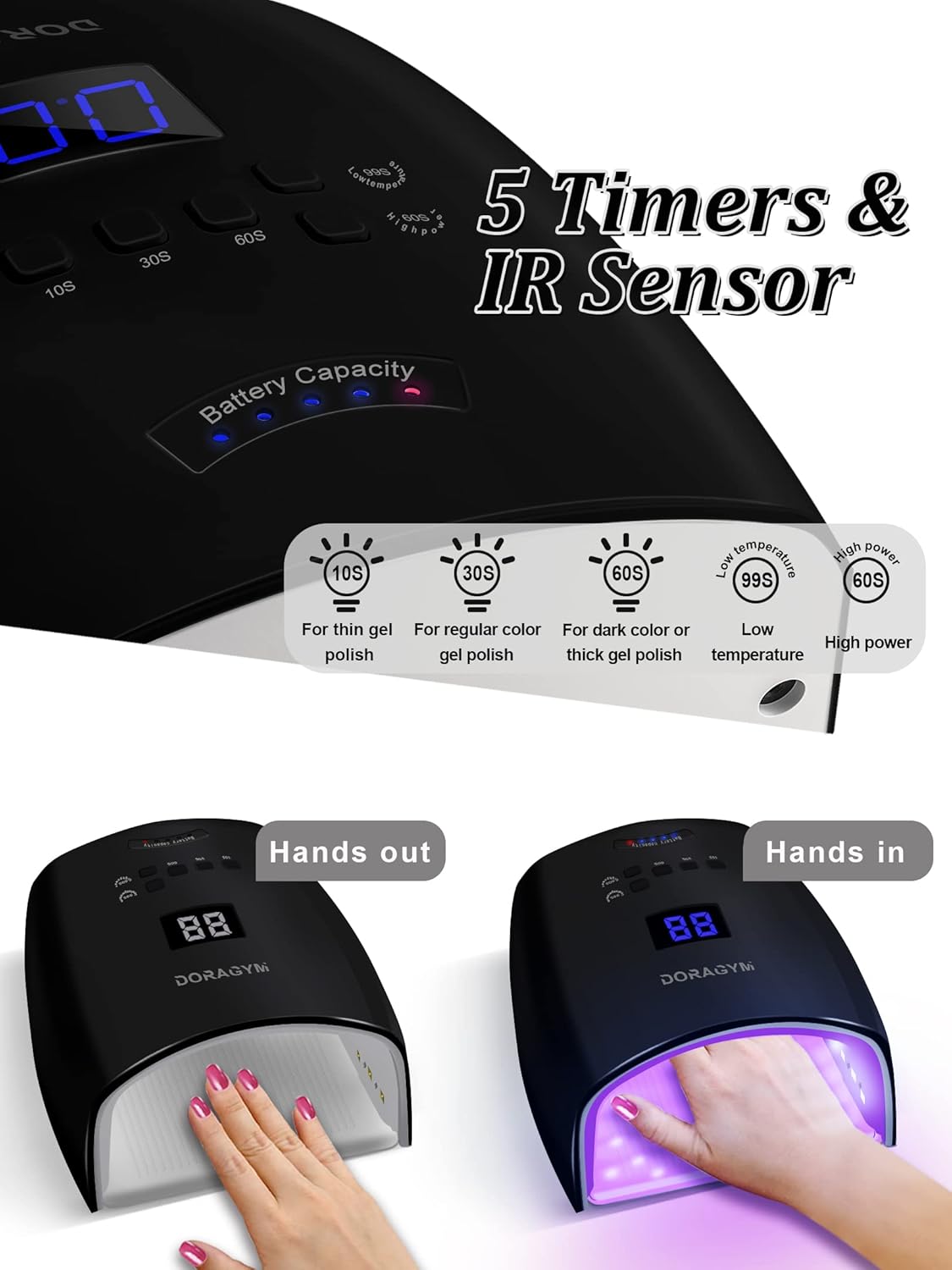 UV LED Nail Lamp, Cordless Gel Polish Dryer for Professional Gel Manicures - Black