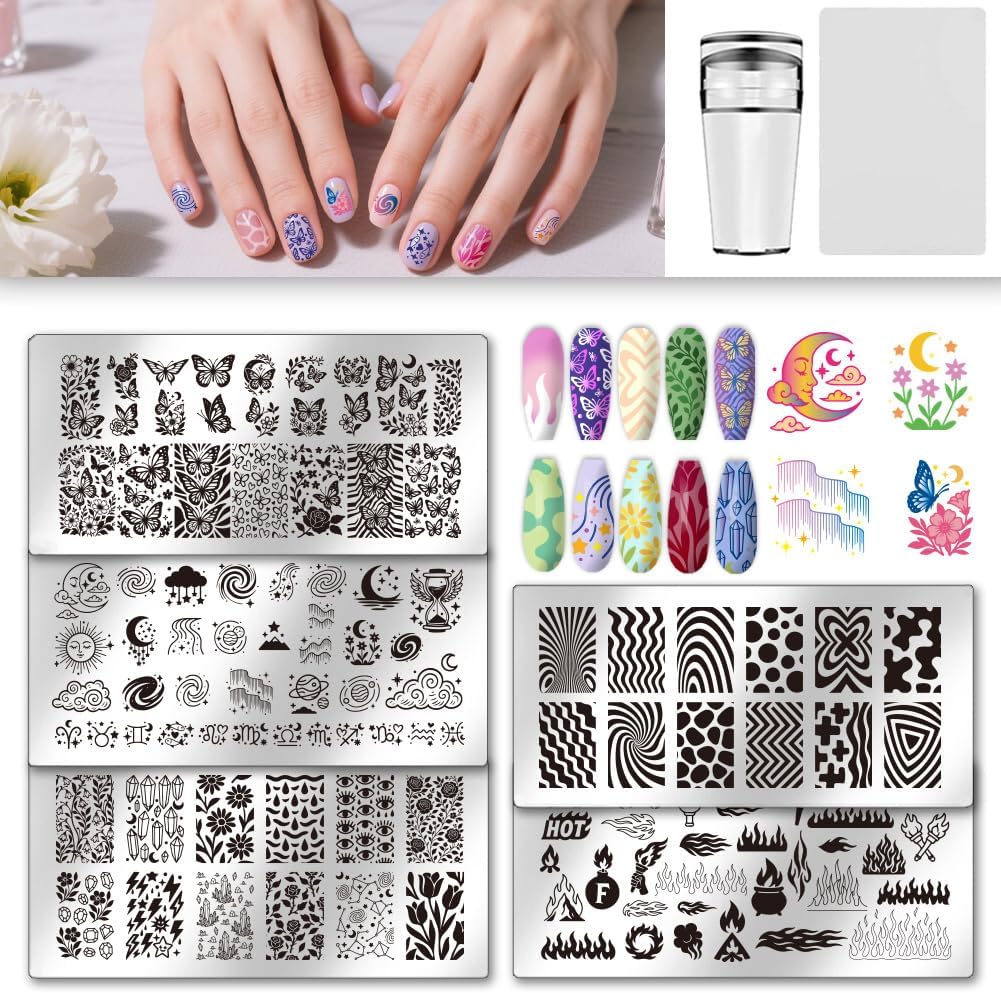 UNICRAFTALE 5Pcs Butterfly Flower Reusable Nail Stamp Flames Nail Stamping Kit Abstract Textures French Tip Nails Stamp Star Stainless Steel Nails Stamping Plates for Women Gift 12x6cm