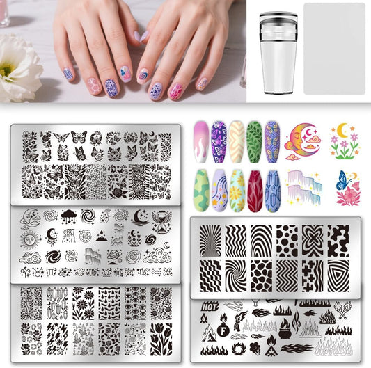 UNICRAFTALE 5Pcs Butterfly Flower Reusable Nail Stamp Flames Nail Stamping Kit Abstract Textures French Tip Nails Stamp Star Stainless Steel Nails Stamping Plates for Women Gift 12x6cm
