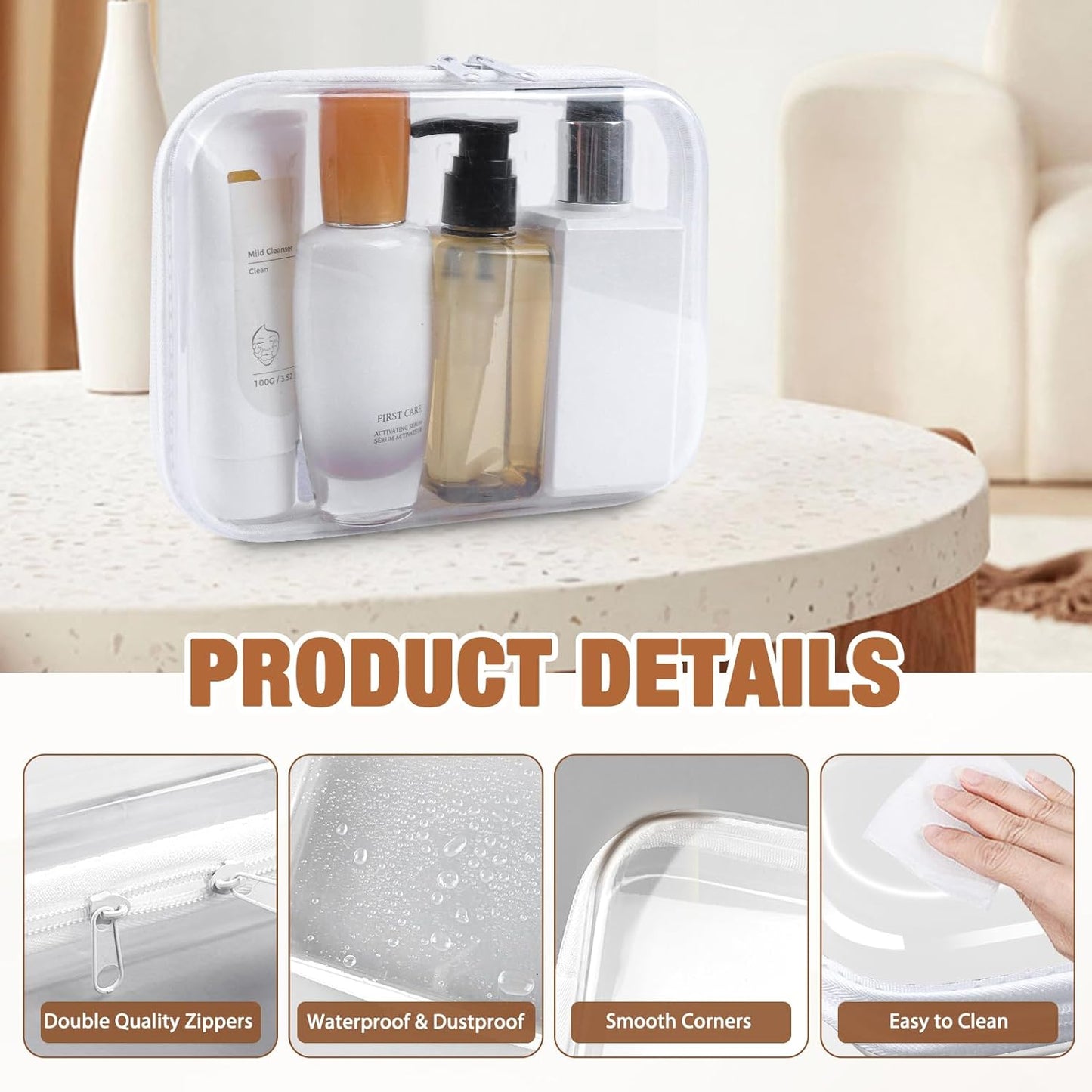 Clear Hard Shell Zipper Case 3 PCS Clear Cosmetic Make up Bag Waterproof Travel Toiletry Bag for Women, Hard Plastic Zipper Pouches Portable Travel Storage Organizer Bins (White, 5"x3"x2")