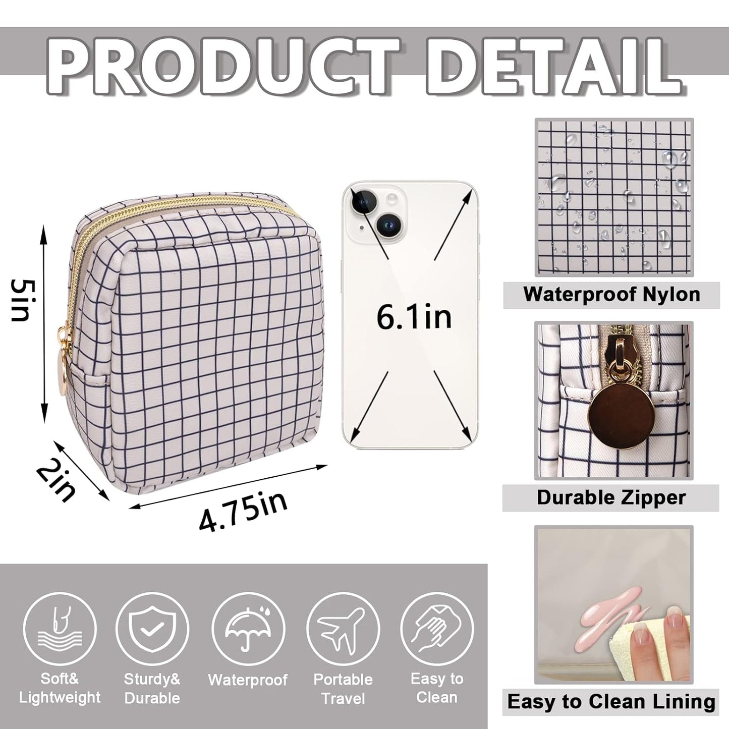 Mini Makeup Pouch for Purse, Nylon Travel Toiletry Organizers Small Cosmetic Bag for Women Girl, Checkered Cute Zipper Coin Purse Preppy Storage Bag for School Work(Mini-Checkered)