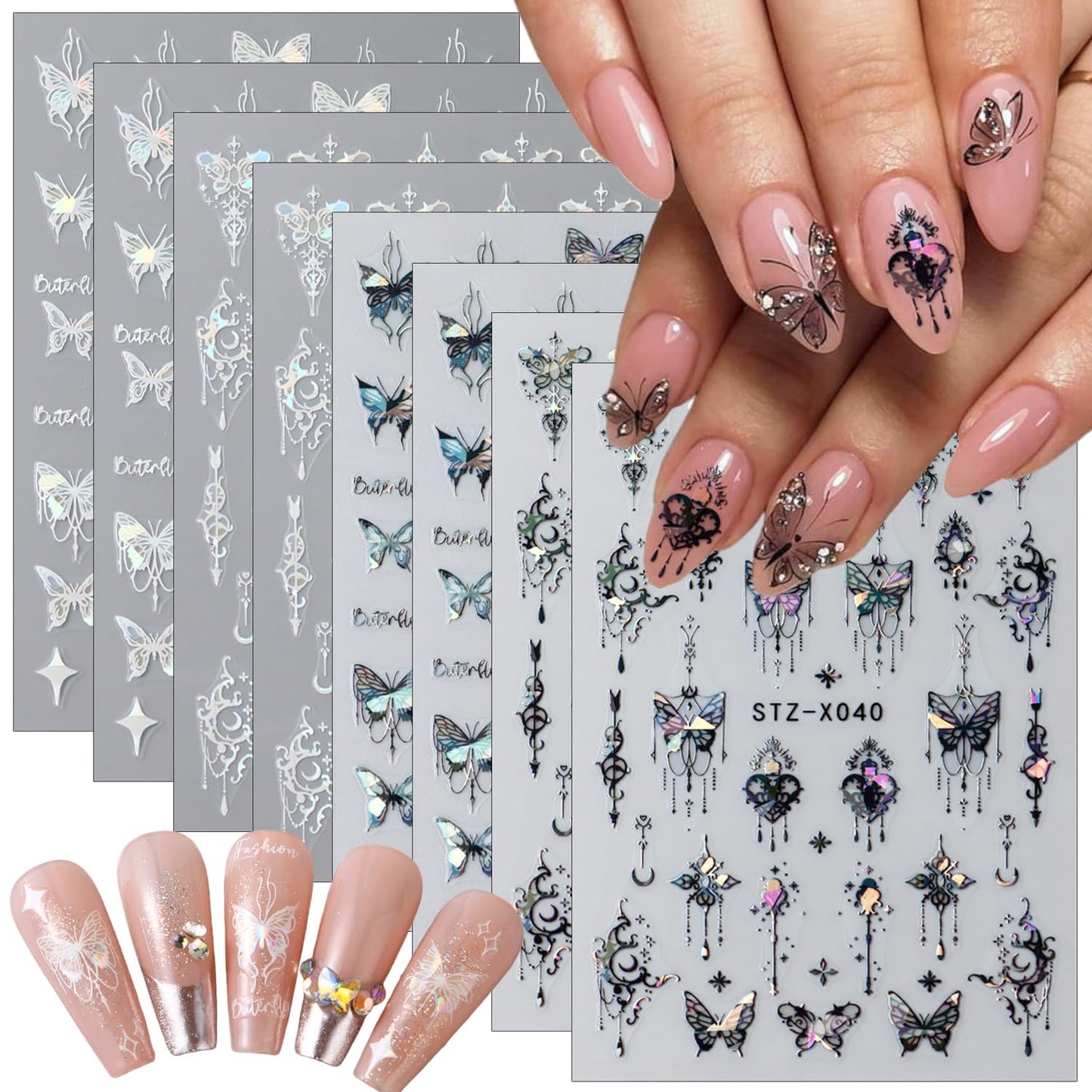8 Sheets Holographic Butterfly Nail Art Stickers - 3D Self-Adhesive Designer Decals for Nail Art Charms - Blue White Glitter Nail Design for Women Nail Decor