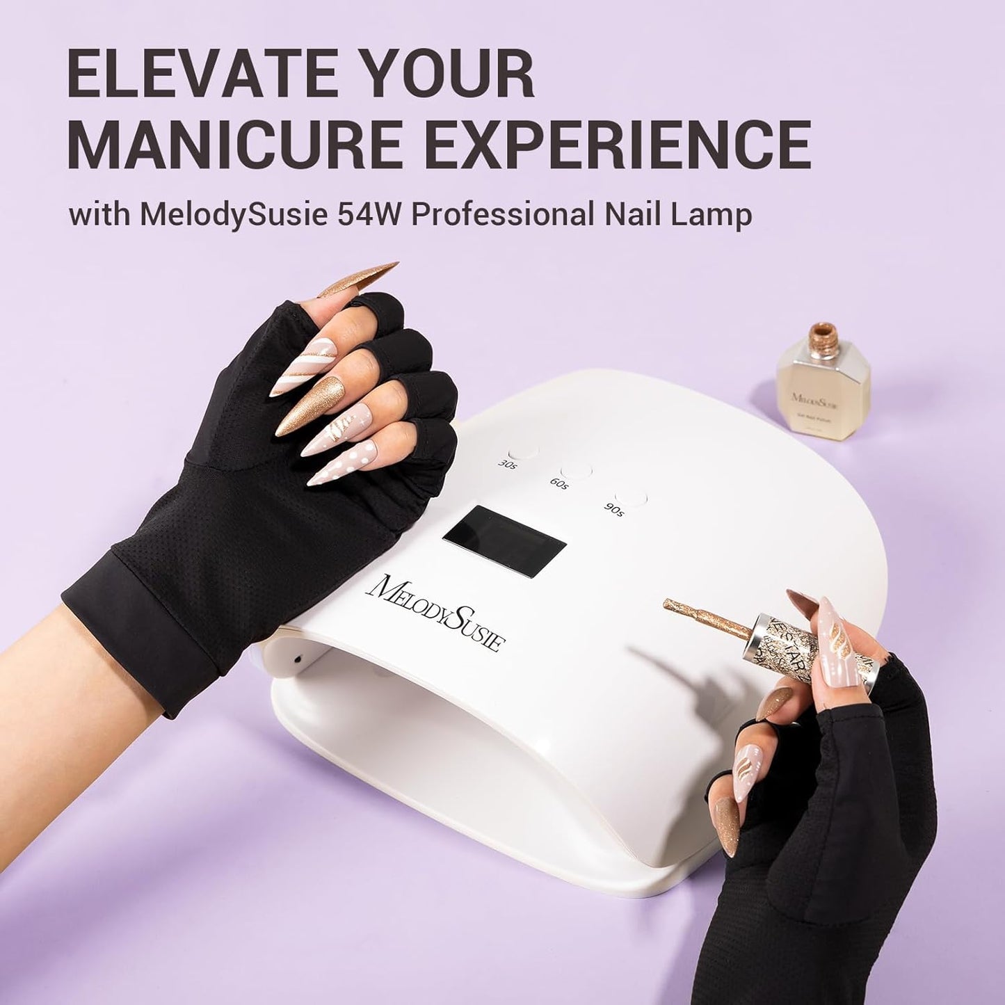 MelodySusie 54W UV LED Nail Lamp with UV Gloves Kit, Professional Nail Light for Gel Nails Fast Curing with Auto Sensor & 3 Timer Setting, UPF50+ Anti UV Glove for Nail Art Manicure Protection