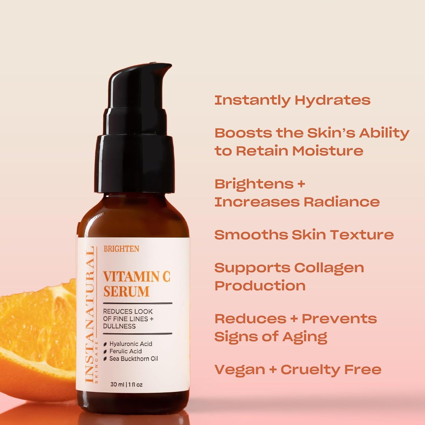 InstaNatural Vitamin C Face Serum, Brightens, Hydrates and Reduces Signs of Aging, with Vitamin C, Hyaluronic and Ferulic Acid, 1 FL Oz