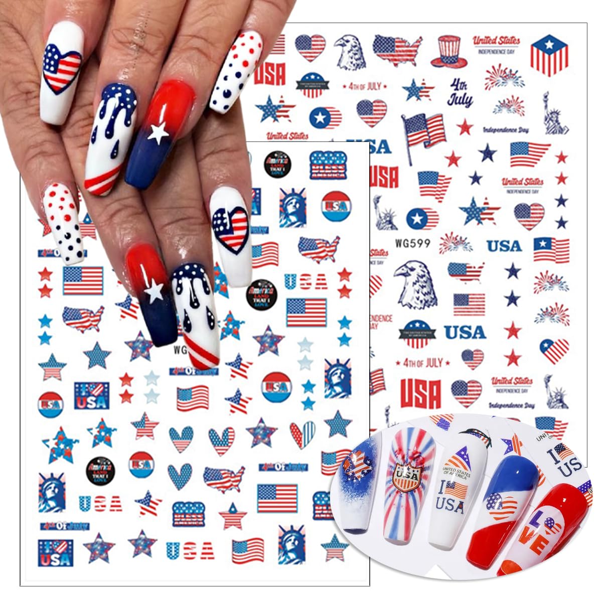 4th of July Nail Stickers, 8 Sheets American Flag Independence Day Nail Art Stickers 3D Self-Adhesive Stars Fireworks Heart Nail Design Stickers Patriotic Holiday Nail Decals for Nail Art Decoration