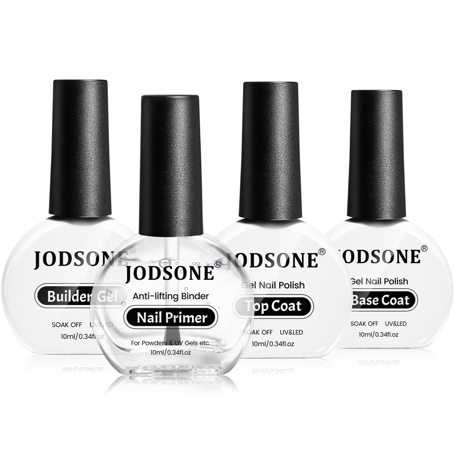 JODSONE 4 Bottle 10ML Nail Primer Base Coat Top Coat and Builder Gel Glossy Durable Long Lasting Gift for Girls at Home Salon Design