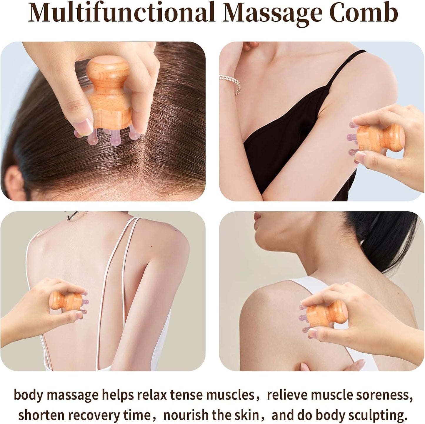 Natual Jade Massage Head, with Wooden Hander Comb,for Scalp Massager, Head Ficial, Body Acupressure Tool,gua sha Scraping, Relieve Fatigue,Stress Relax Device,for Hair Growth (Pink)