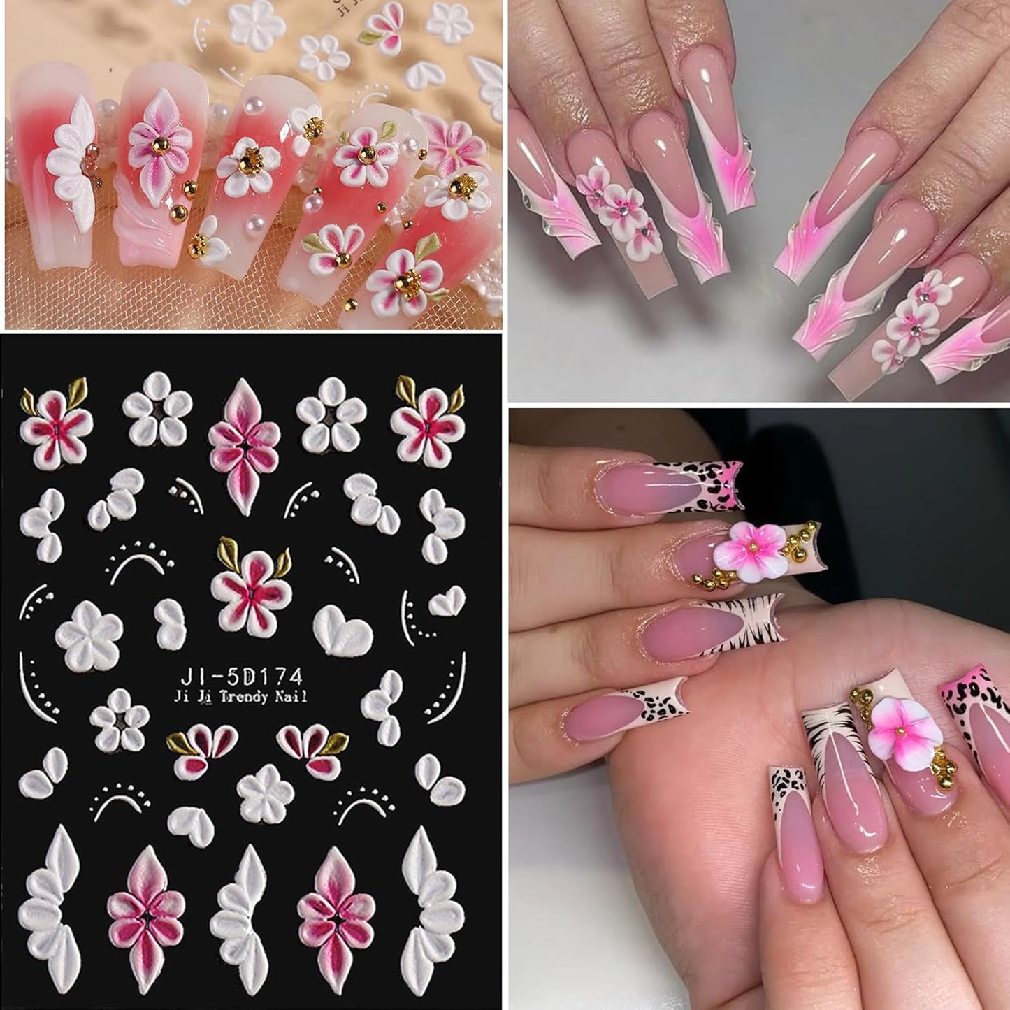 Spring Flower Nail Art Stickers Decals Floral Nail Decals Self Adhesive 5D Embossed for Women Nails Design Decoraion Colorful 3D Flower Mails Stickers Supplies