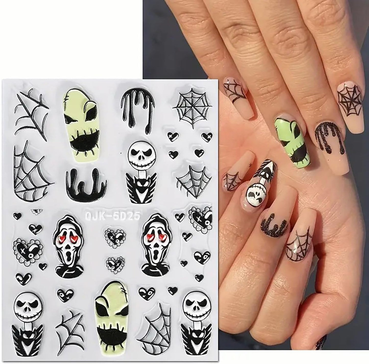 3 Sheets Halloween Nail Art Stickers Decals Pink Skull Spider Web Sugar Skull Nail Decoration 3D Self-Adhesive Nightmare Christmas Stickers for Women Girls