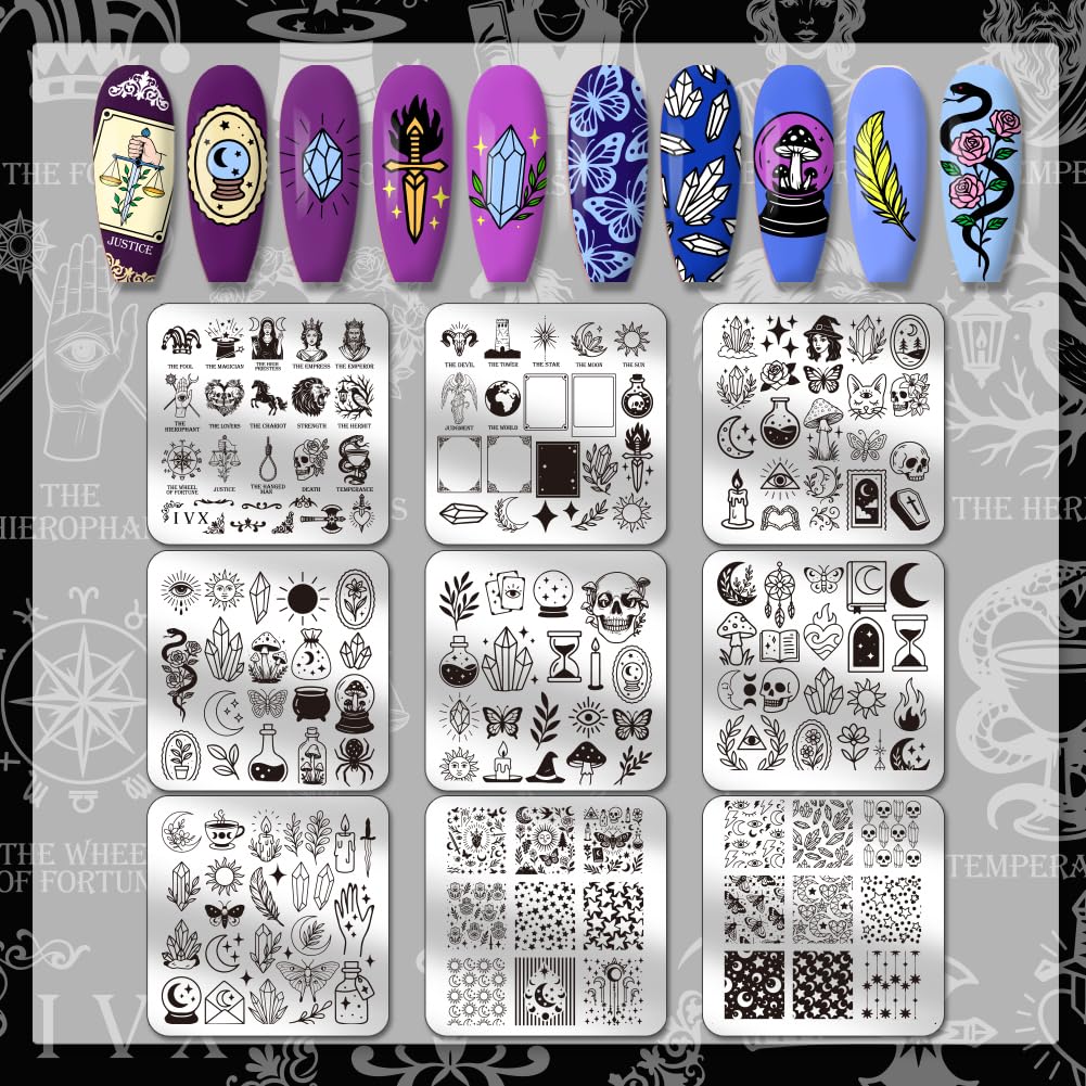 PH PandaHall 9pcs Magic Elements Nail Stamping Plates Tarot Cards Nail Art Designs Moon Star Manicure Art Templates with Stamper and Scraper for Women Halloween Manicures Salon Printing