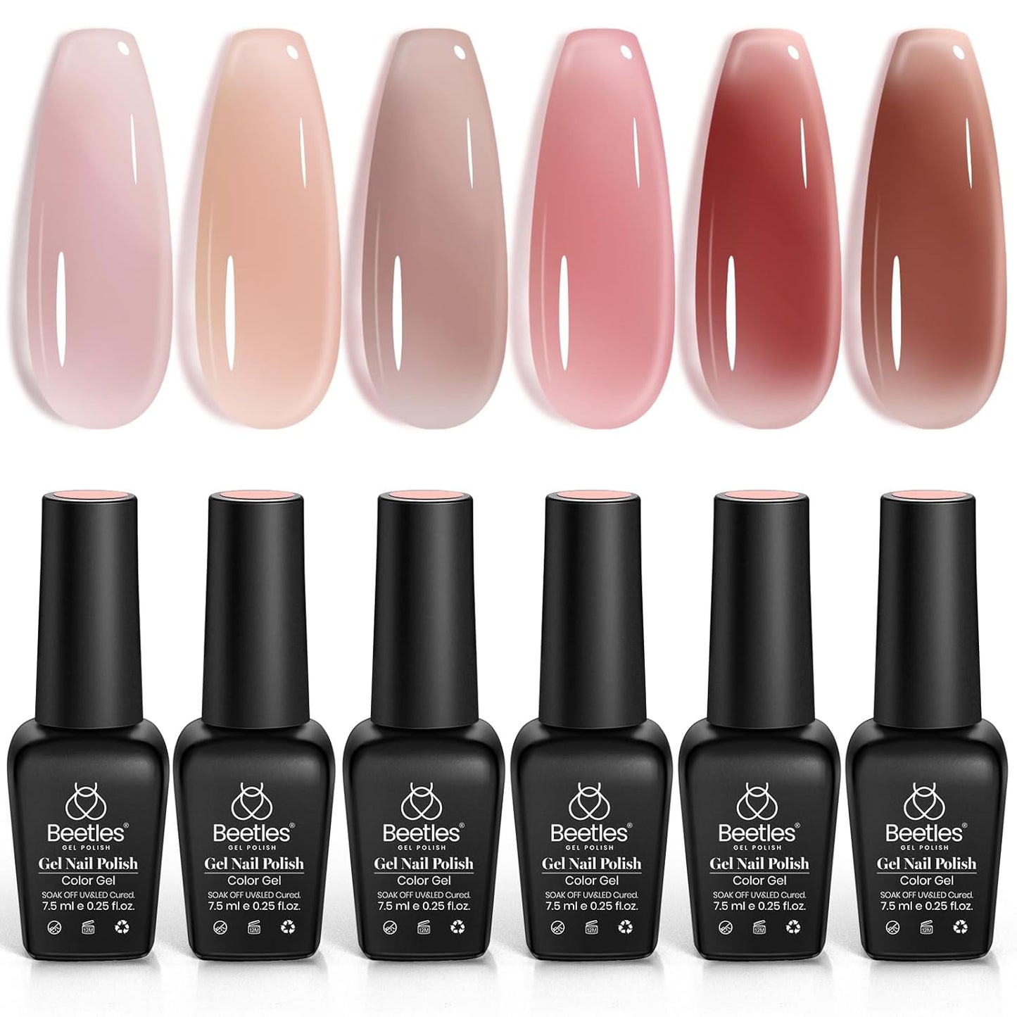 Beetles Jelly Gel Nail Polish Set, 6 Colors Nude Sheer Natural Pink Red Brown Gel Nail Polish Kit for DIY Nail Art Salon Home Gift For Women Girls