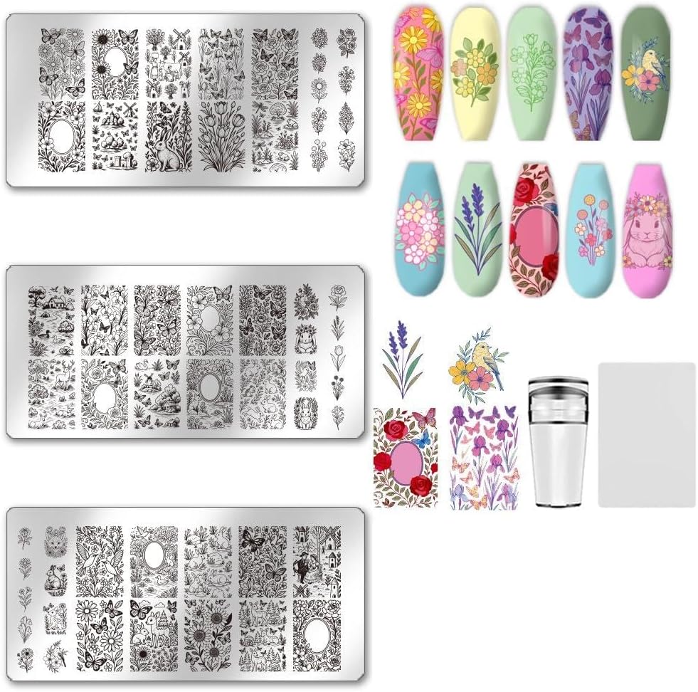 UNICRAFTALE 3Pcs Nail Stamping Plates Nail Stamper Kit with Seal Stamp and Scraper Vintage Garden Flower Dogs Image Stamp Plate Nails Art Tool for DIY Print Manicure Salon Design Gift